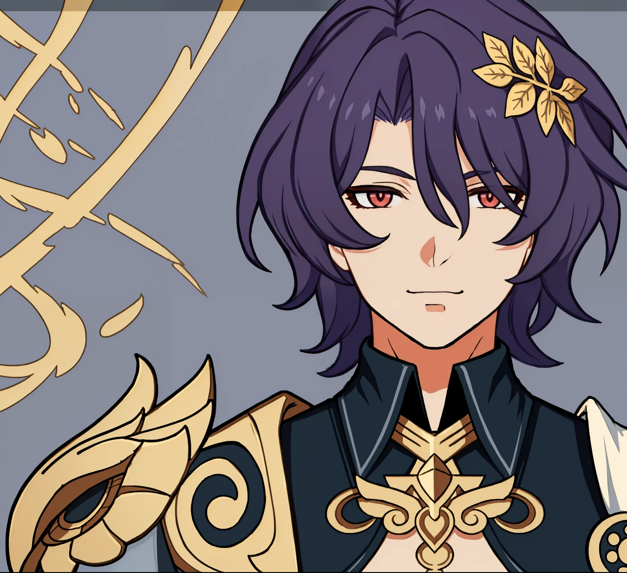 anime boy, cocky, smug expression, purple hair, dark red eyes, black suit, gold ornaments, a drawing of a man in greek clothes, 1boy, masterpiece, (beautiful and aesthetic:1. 5), thick black lineart, clean lineart, perfect lineart, variable lineart, thick lineart, clean anime outlines, intense line art, bold lineart, sharp lineart, heavy lineart, line art, best quality, high quality, high details, super detail, anatomically correct, best quality, ultra-detailed, colourful, saturated colours, dynamic lighting, HD,