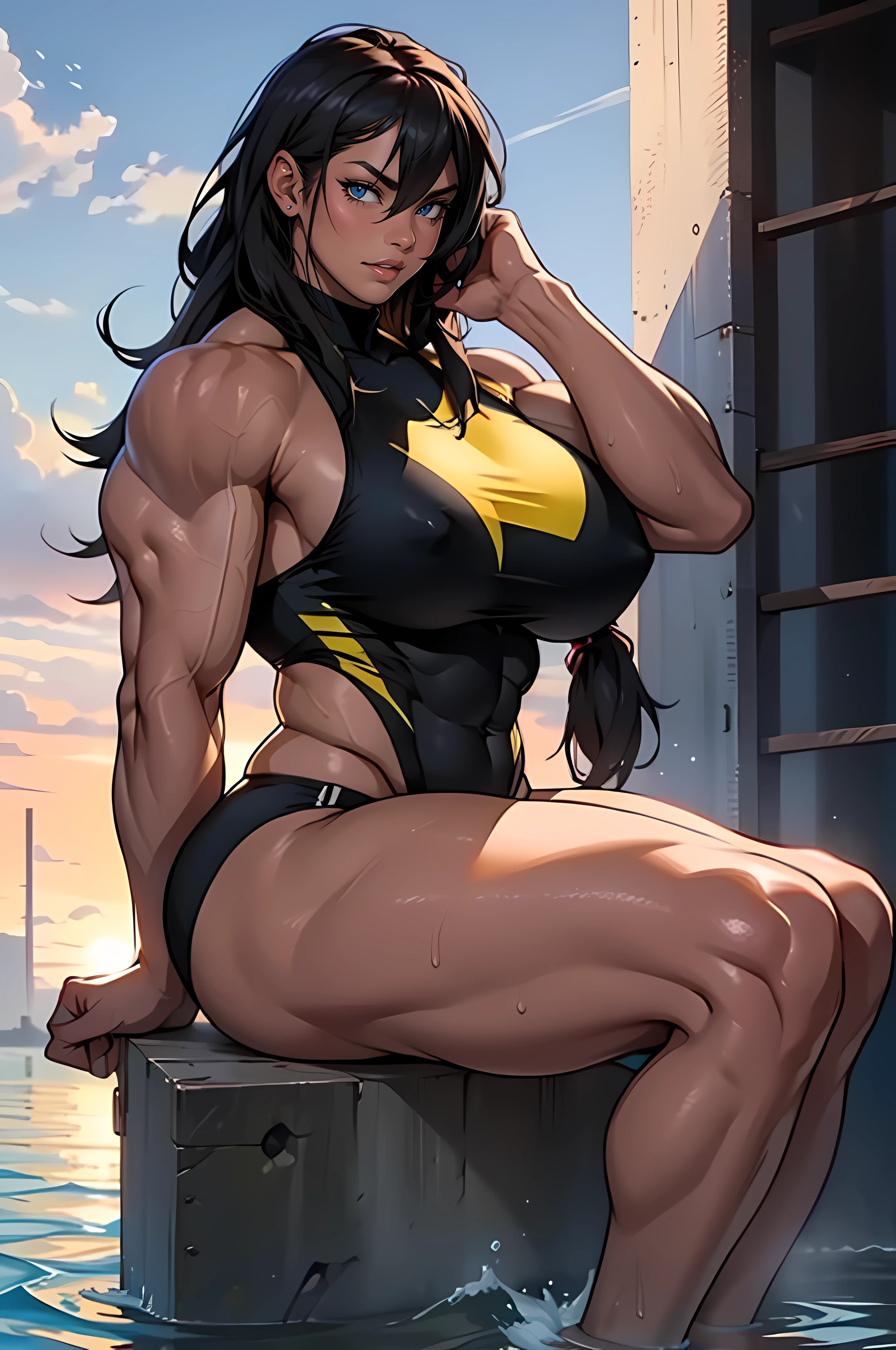 (((((1 girl, muscular))))), ((((Muscular Quadriceps)))), (((Massive Female Bodybuilder))), ((huge breasts, very long hair)), black hair, yellow eyes, solo, sweaty, shiny skin, steamy, foggy, lake, angry, sitting, swimsuit, pier, sunset