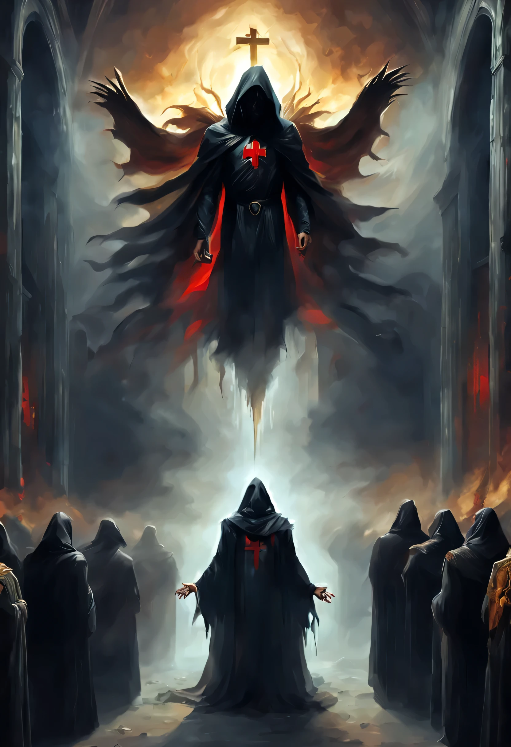 A cathedral in the background，an upside down red cross，in front of the door, A man in a golden cloak is praying，behind him, Many people in black robes knelt down to worship.，Dark worship，Demon worship