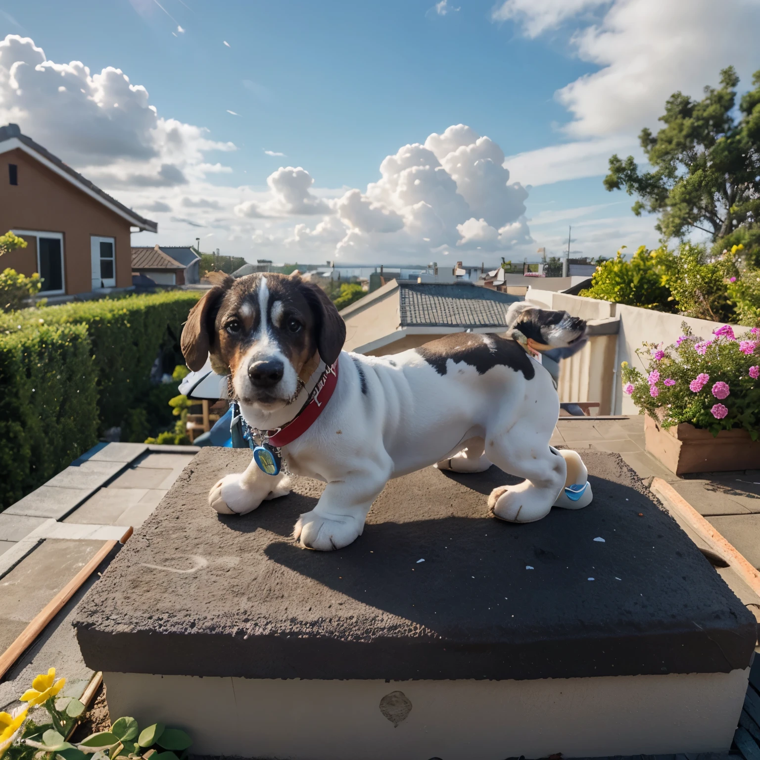 create a miniature of snoop the dog, on top of the house, with white clouds around it and flowers next to the house