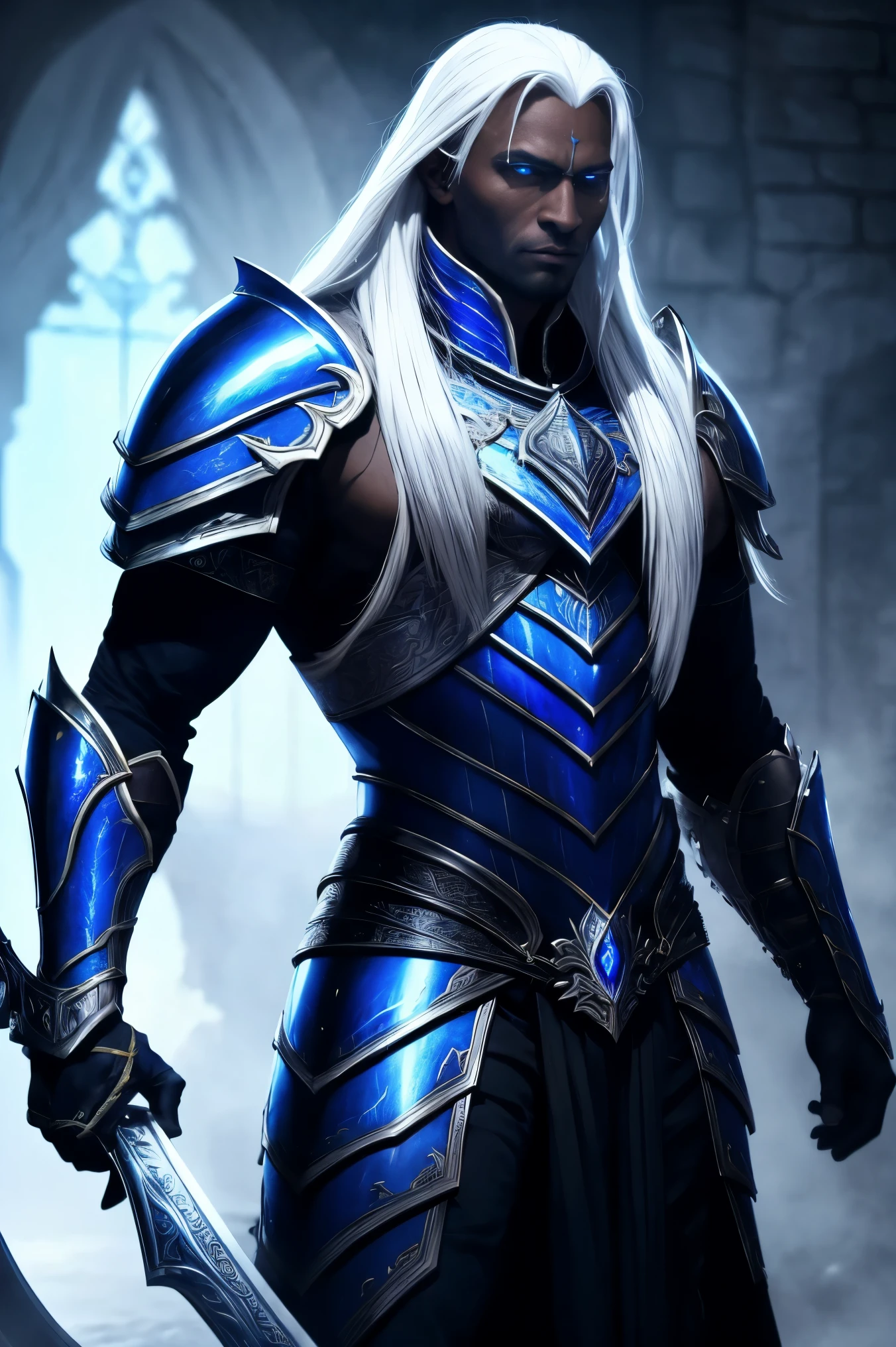 A great warrior, an incredibly handsome Drow man, an emperor, long white hair combed back, black skin, strong build, completely blue eyes, in incredible armor, full height