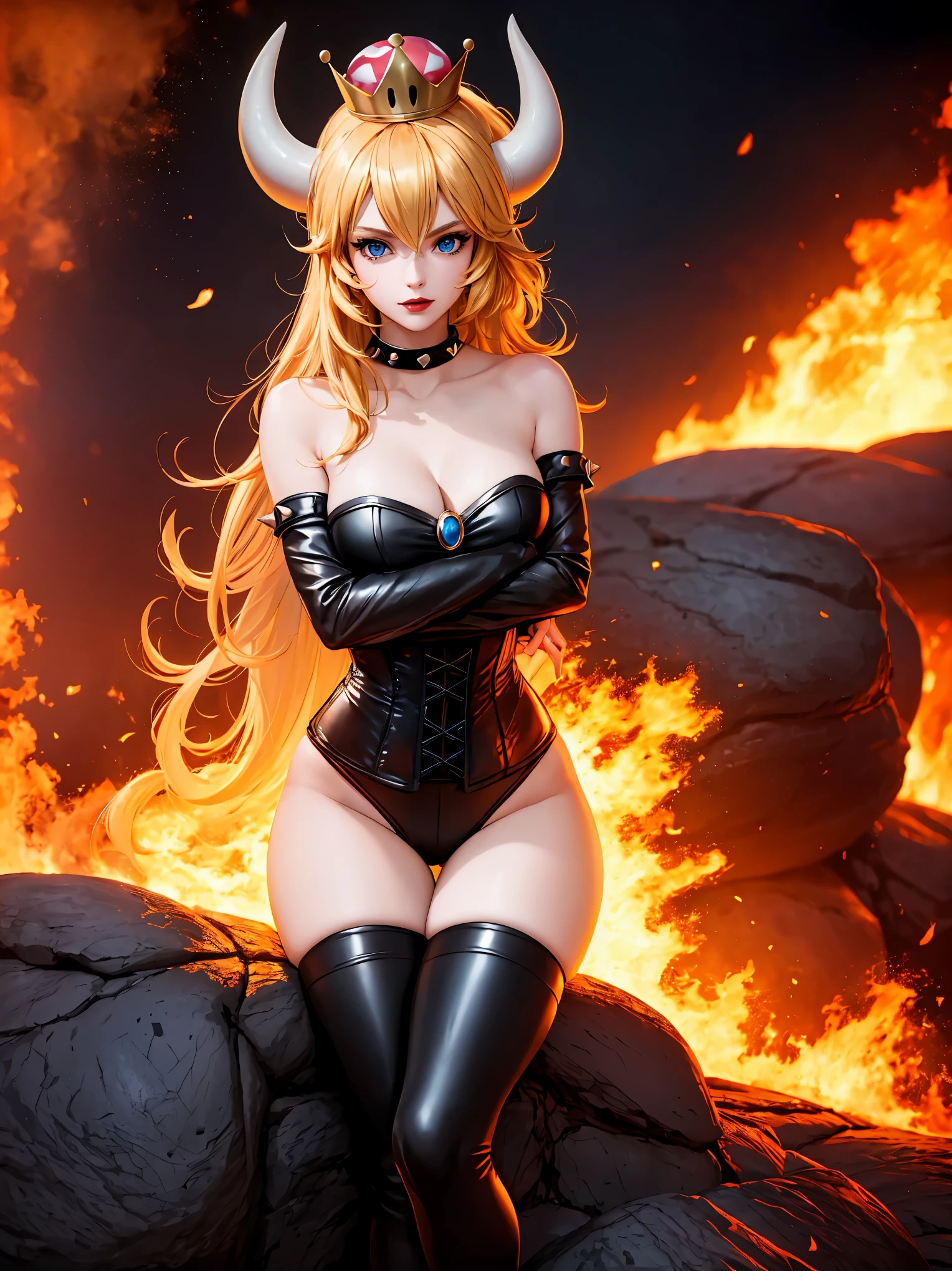 ((high detailed, best quality, 4k, masterpiece, hd:1.3)), ((best quality)), (((HD))), (((8k))), (ultraDH), (ultra HD), Princess Daisy, blue eyes, BREAK blue eyes, seductive, attractive, smooth anime cg art, 36C breasts, long legs, vivid colors, detailed digital art, slim body, perfect skin, dark blonde hair, long hair, blonde hair, blonde hair, BREAK crown, cleavage, 36C cleavage, looking at viewer, BREAK looking at viewer, extremely detailed face, red santa suit, red santa claus suit, santa claus suit, earrings, gem, dark black makeup lips, dark gothic eyeshadows, dark eyeshadows, black eyeshadows, black sexy lips, black lips, (dark:1.2), dark lips, very dark lips, (perfect hands, perfect anatomy), black makeup, black medium lips, black thick lips, detailed fingers, five fingers per hand, 5 fingers, (1 girl), detailed lips, detailed black lips, black painted lips, gothic painted lips, BREAK night, night sky, (breast focus), (arms outstreched:1.2), (from above:1.1), (breasts out:1.3), (off shoulder:1.1), (white horns), (corset), inside a lava castle, she inside a sea of lava, she bathing in lava, full body, perfect long legs, perfect foots, legs and foots into the lava,