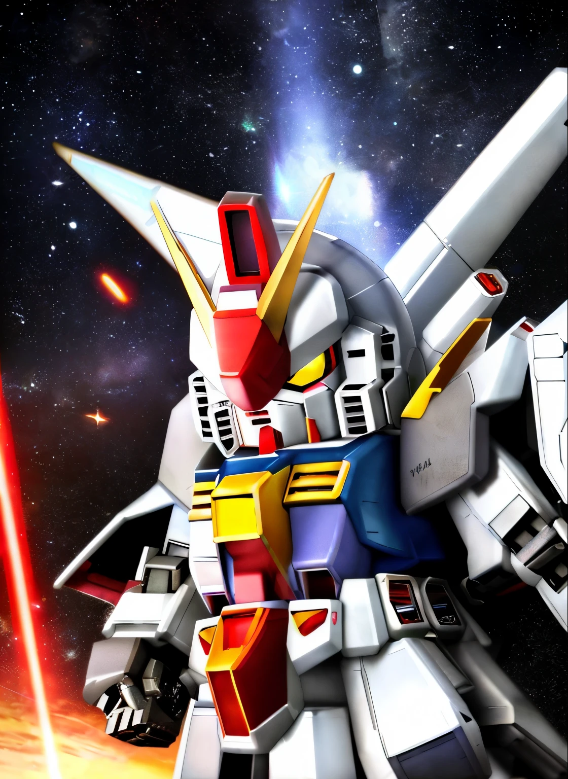 ((SF))、(masterpiece)、highest quality、Highly detailed CG Unity 8k wallpaper、((SD Gundam 1.2))、F91 logo mark、chibi character、sharp expression on face、Confront the enemy with a bazooka and saber、dance in the air、Flying through the sky like a comet、surrounded by fin funnels、background earth、realistic outer space、robot、mechanic、docking core、Maximum output、continuous attack、beam radiation、Vesbar、fully armed、rusty edge、shine of light、Lens flare、unreal engine、
