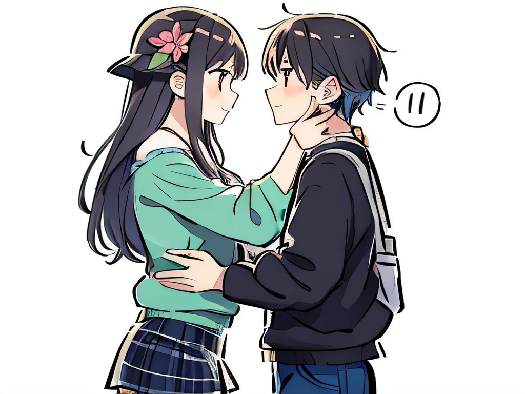 Illustration of a girl and a guy meeting each other, girl is hiding a flower behind her back, side view illustration