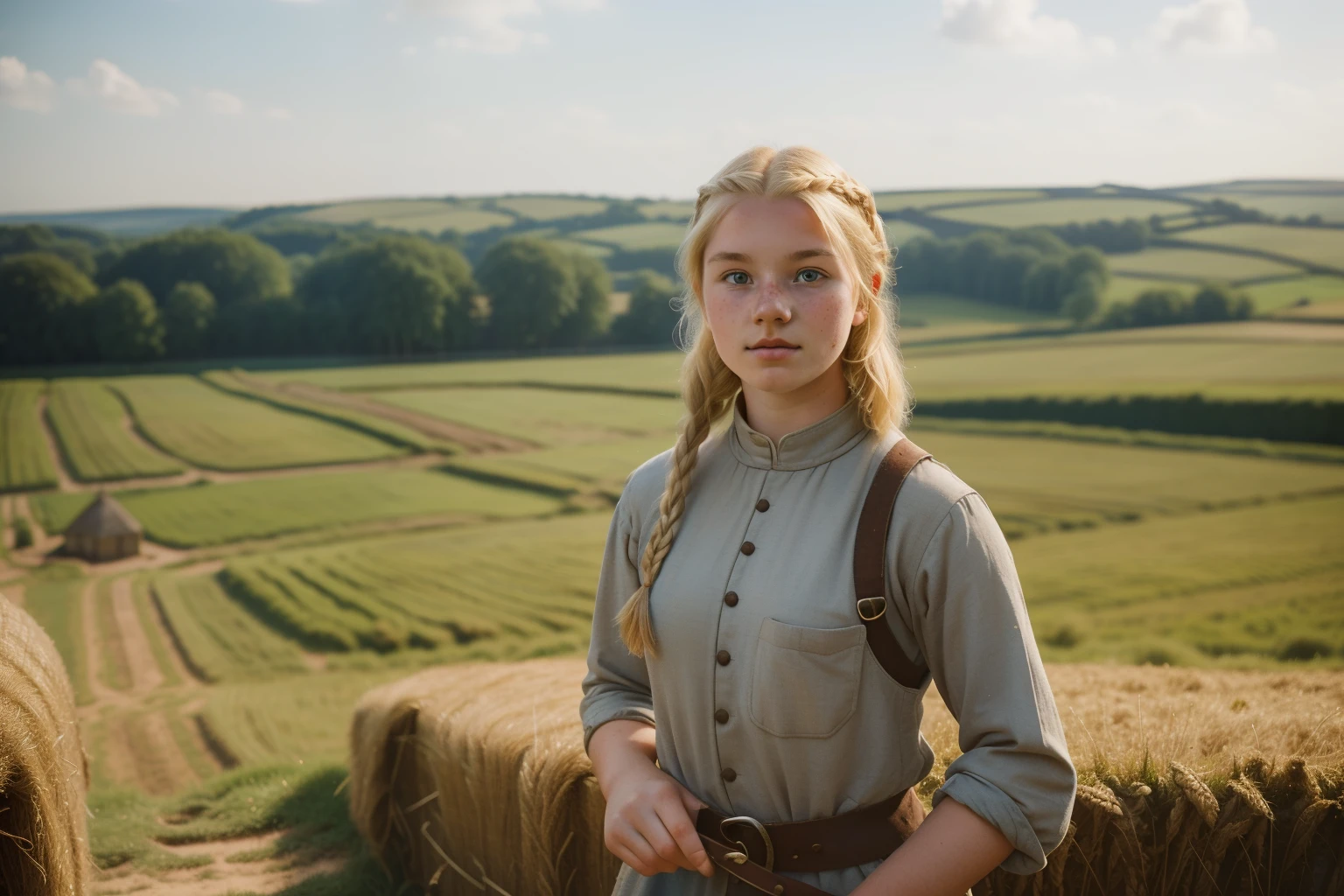 England, 1337. A young ((((18-year-old)) Gwenda)), strong, rustic, freckles all over her face, working hard in the farm, plowing the land. ((((clothings from the 1300s)))), ((blond hairstyle of the 1300s))