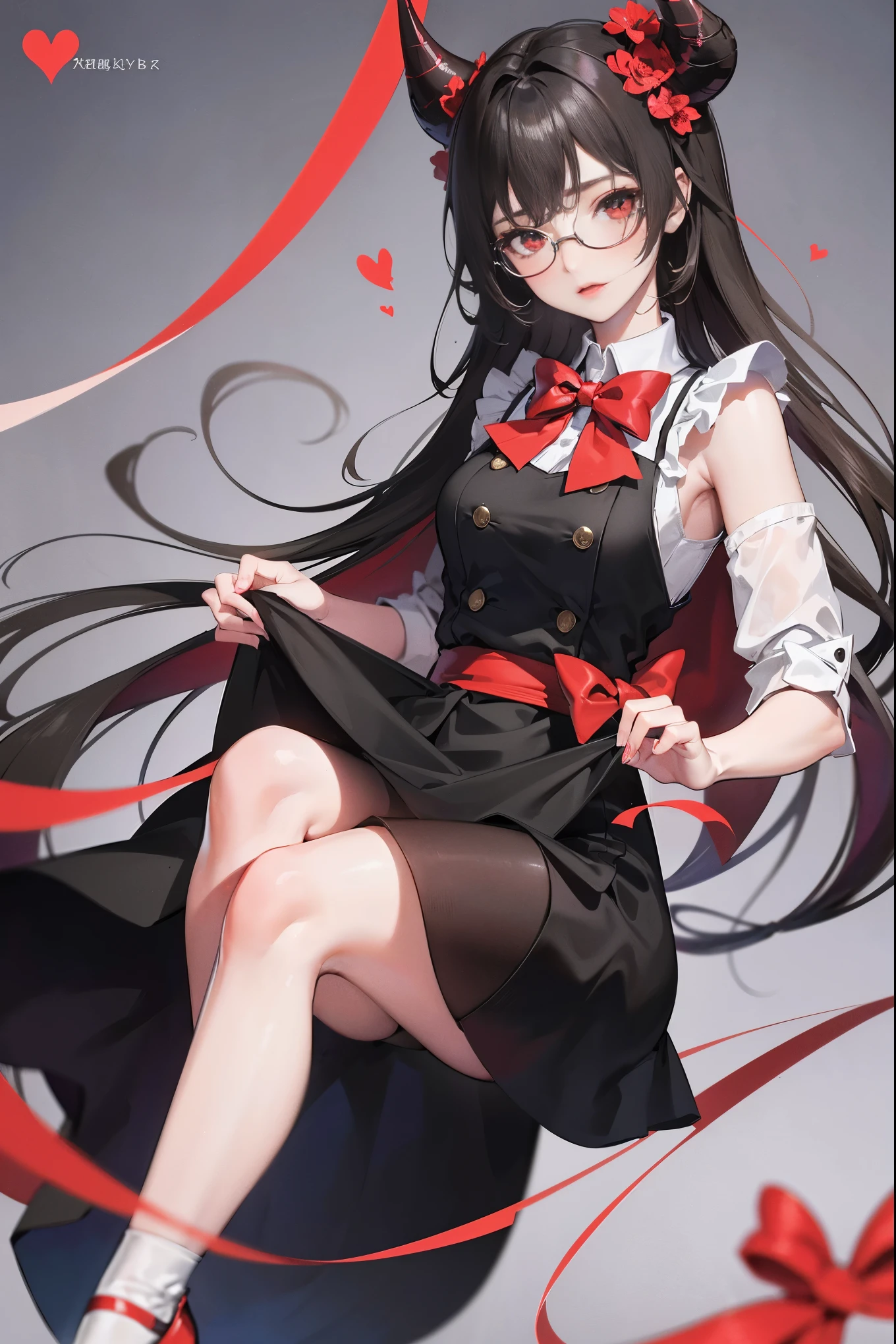"anime girl, 1 person, black hair, shoulder length hair, red eyes, glasses, white horns, girl's shirt, tie, school clothes, big breasts, long stockings, high heels, standing cross-legged, shy, blushing, small black wings on the back, looking from many directions, holding a heart-shaped gift box, giving a valentine's gift, classroom (full HD 4K+ image)"