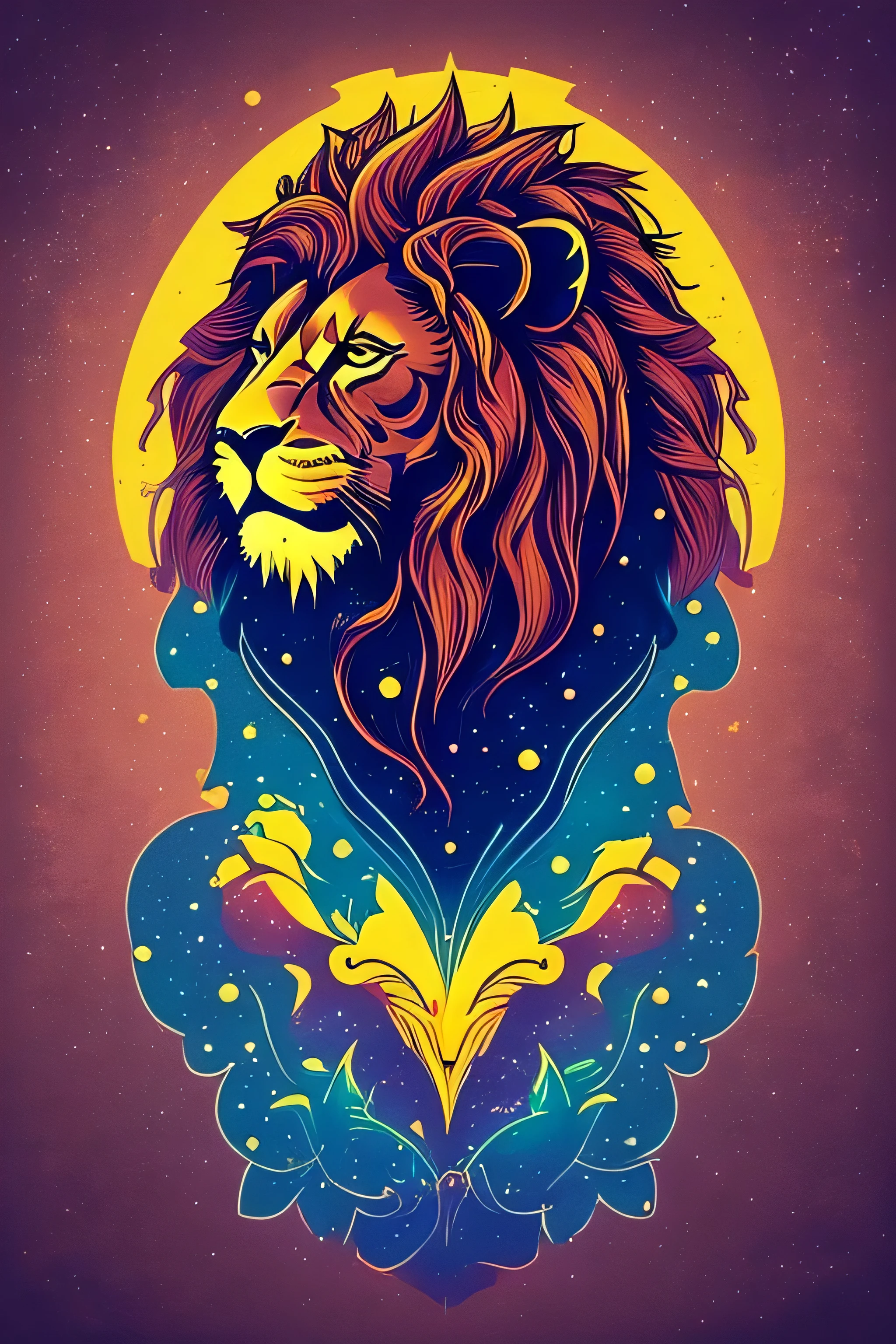 A dynamic t-shirt design featuring a majestic lion roaring fiercely, surrounded by swirling galaxies and constellations, symbolizing strength and courage, with intricate details on the lion's mane and glowing stars, vibrant colors contrasting against a dark background, Illustration, digital art with a cosmic theme, --ar 9:16 --v 5