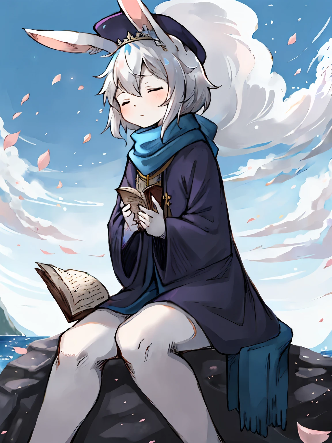 a white rabbit，blue long scarf，blue robe，flowing robe，sitting on a rock，Ocean，close eyes，Flowing scarf，clear blue sky，long bunny ears，fluffy hair，Long-sleeved shirt，Shota，Lovely，white hair，fluttering petals，HD，Clear public areas，suns，spray，quill，snowflake，the only person，Winters，club，parchment，Headgear，blade，Plum tree，plum blossom branch，hands holding two books