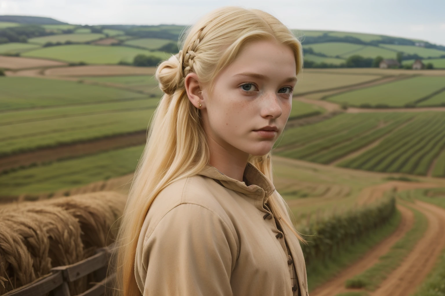 England, 1337. A young ((((18-year-old)) Gwenda)), strong, rustic, freckles all over her face, working hard in the farmlands, plowing the land. ((((clothings from the 1300s)))), ((blond hairstyle of the 1300s))