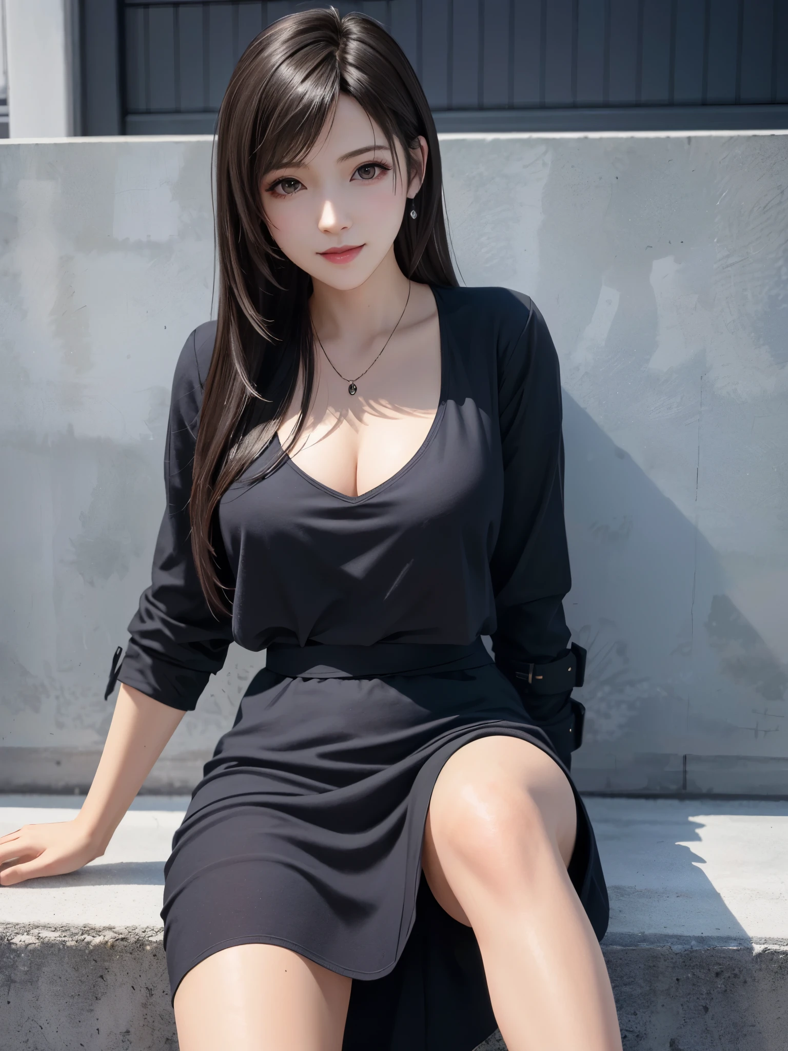 {top quality, masterpiece}, (Realistic: 1.3), BREAK (((FF7,Tifa_lockhart,solo))),{{{boyfriend's clothes, oversized large white shirt, long sleeve, shirt dress}}} ,{Japan, Shibuya, city, outdoor, behind wall, neon},(gravure pose:1.1),Ultra-detailed face, Detailed eyes, Red eyes, BREAK (((FF7,Tifa_lockhart))),{black brown hair, Large breasts}, BREAK {no bra, no panties}, About 18 years old, kawaii, smile:1.1, meeting up for a date, waiting, cowboy shot