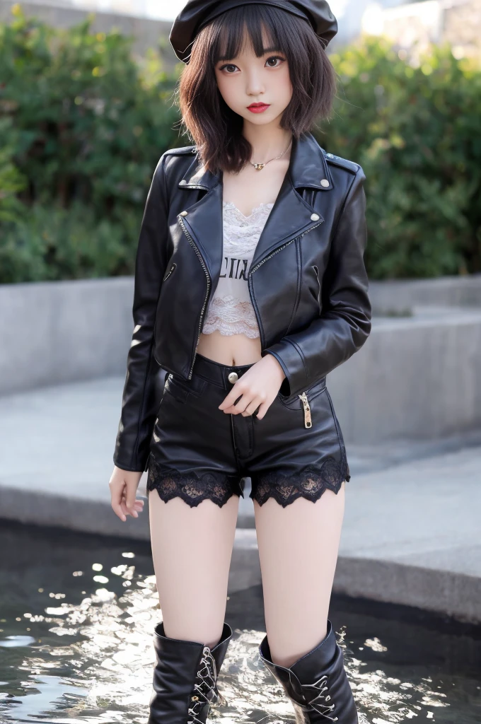 High resolution, 1 beautiful woman, high detail, good lighting, despicable, hentai, beret、(((Motorcycle jacket on bare skin))), (Fitted high-leg leather shorts), delicate upper body、Muscular lower body、slender upper body、(((lace up boots))), (wet shorts), (((Peeing))), (pee), urine stain, (puddle), (((thick thighs))), nice long legs, lipstick, cute face, sexually aroused, (full body shot), ((大勢の女性がPeeingしている公共の場で))