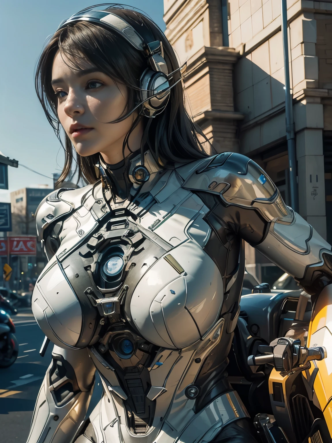 masterpiece,best quality,high resolution,8k,(portrait photo:1.5),(R original photo),real picture,digital photography,(Combination of cyberpunk and fantasy style),(female soldier),20 year old girl,Random hairstyle,through bangs,(red eye breasts, Accessories,Keep your mouth shut,Elegant and charming,Serious and arrogant,Calm and handsome,(Cyberpunk combined with fantasy style clothing,hollow-carved design,big breasts,joint armor,photo poses,Realistic style,gray world background,oc render reflection texture,sentry