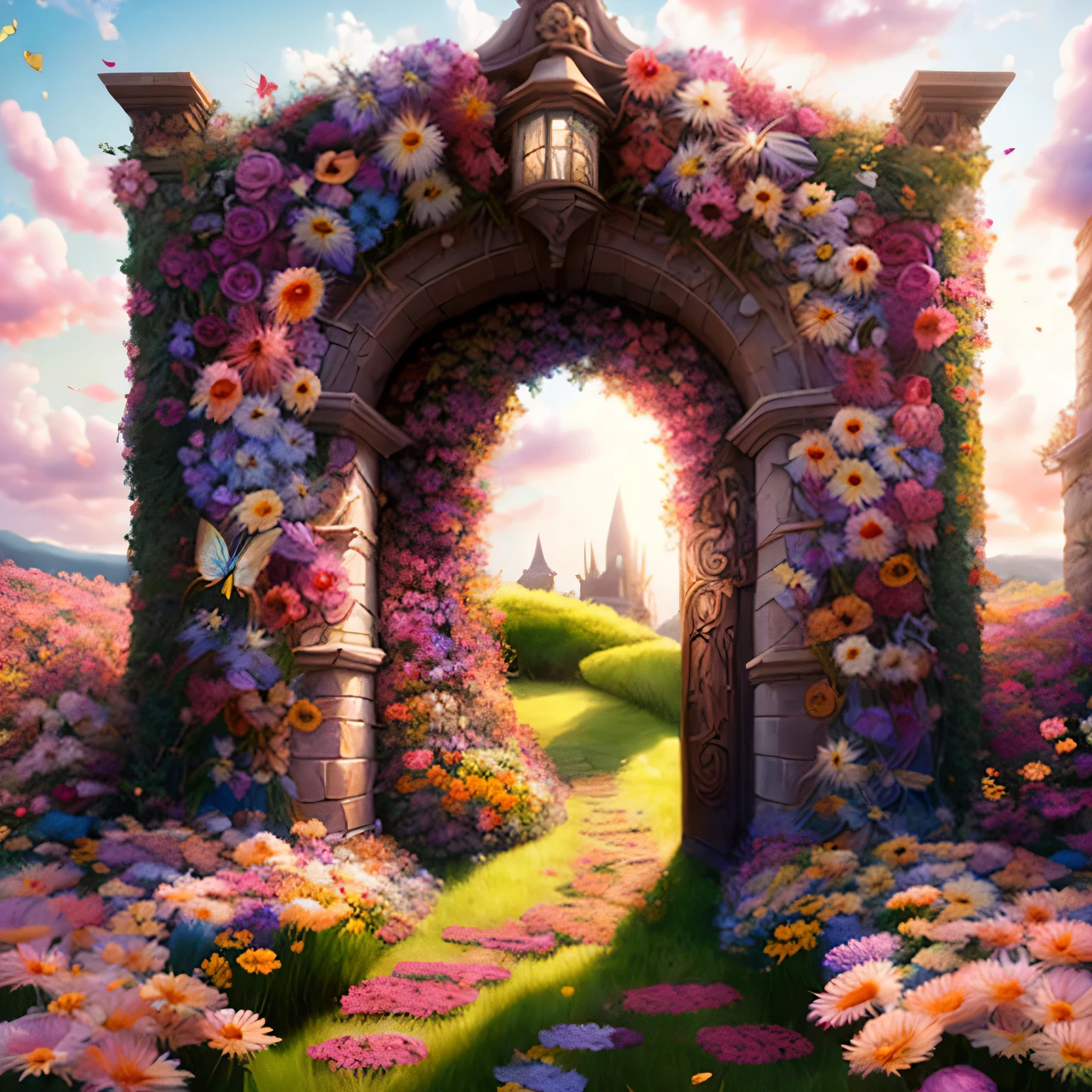 foto (Estilo FlowerGateway:1) the entrance to a castle is surrounded by flowers, Borboletas, Insetos, dragonflies,crie um grande painel de jardim encantado, painel quadrado, verticalmente, com borboletas, com flores