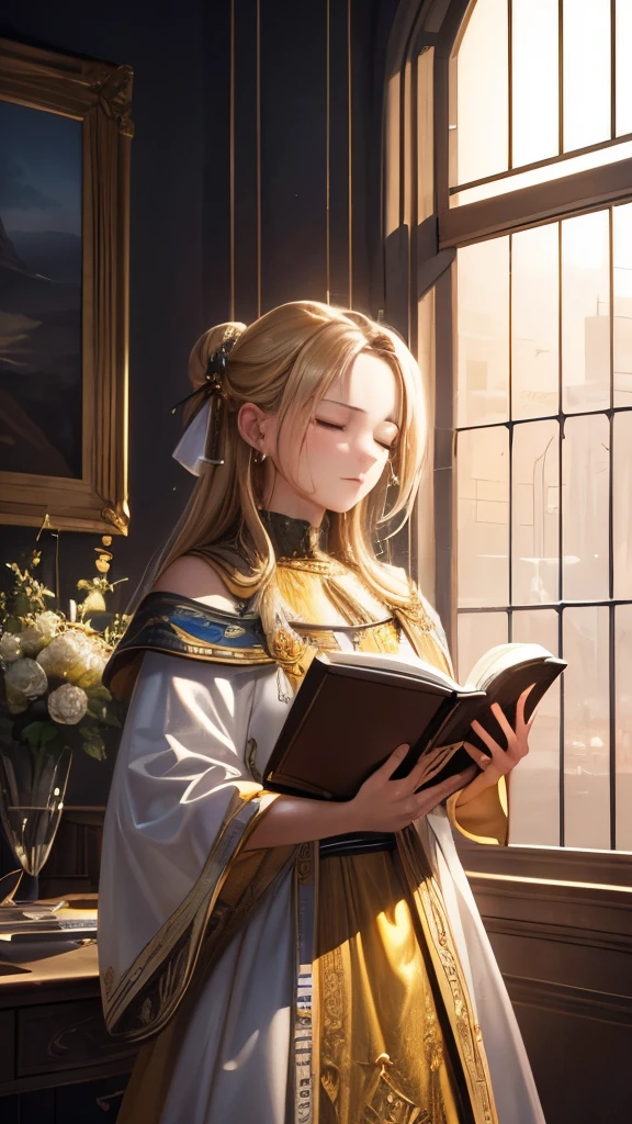 ((obra de arte)),(( Man with Bible)), 8K, High definition, Super detalhe, (homem), (Vestido branco cravejado de aros em ouro amarelo), (Xale de cabelo dourado espalhado), (closed eyes expression) (Dormindo em um carro 1.6) (Tela de corpo inteiro 1.4) The work of art is a masterpiece, com a melhor qualidade e super detalhe, captured in 8K High definition. Photographic Realista, Realista, very detailed illustrations Realista, octane rendering