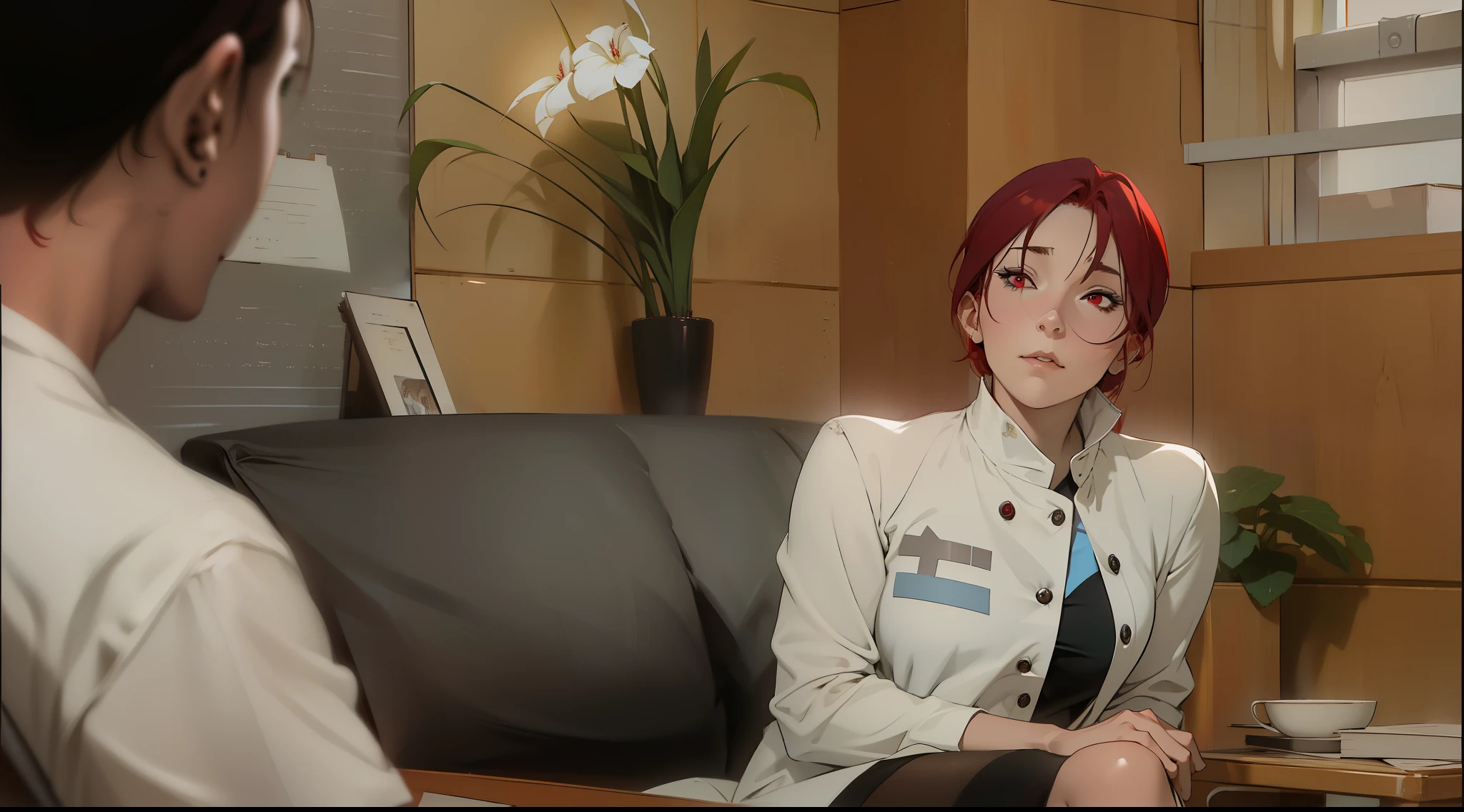 A 50-year-old woman is an evil school principal with intense red hair and red eyes. She is sitting on a couch and talking to a high school student.