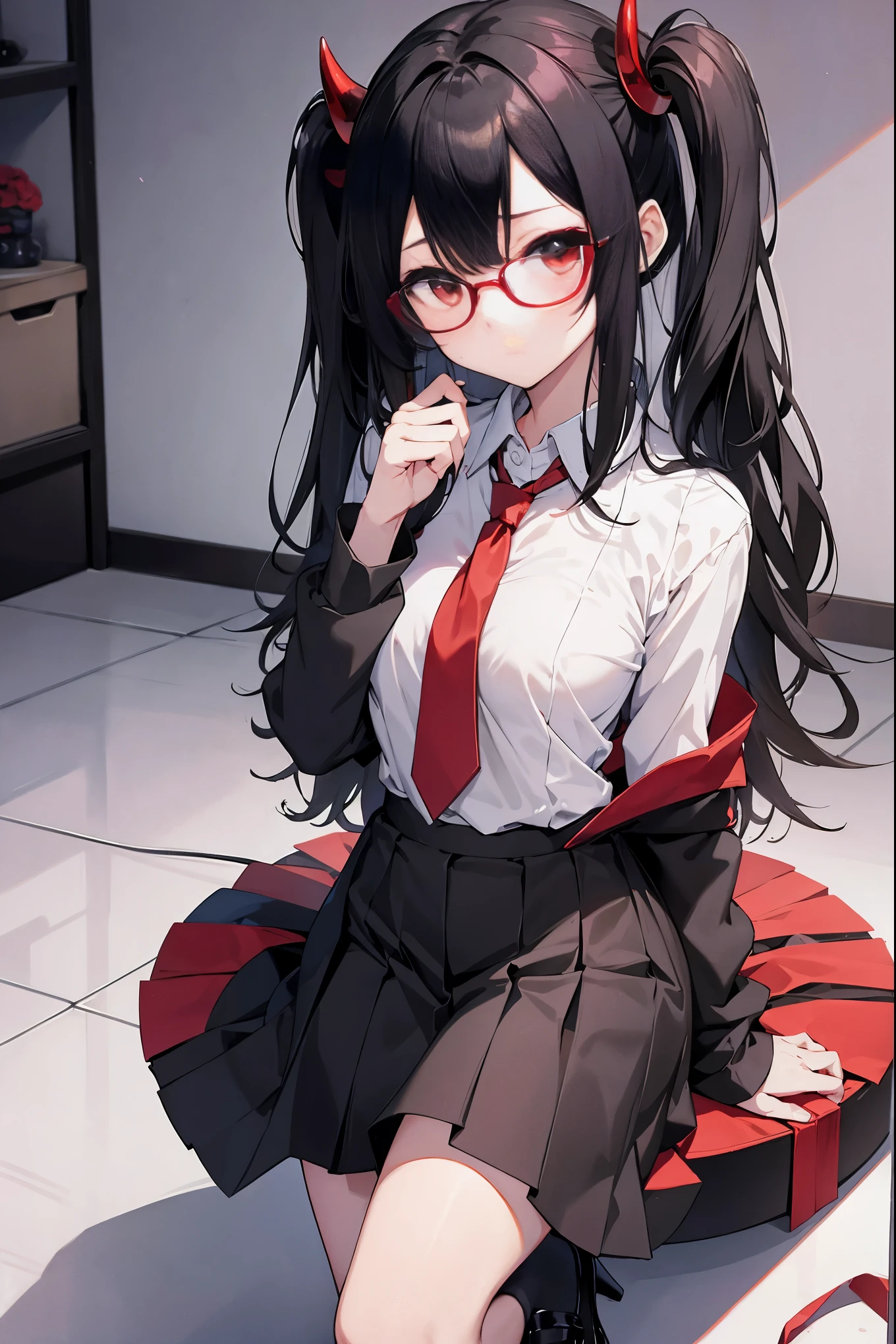 "anime girl, 1 person, black hair, shoulder length hair, red eyes, glasses, white horns, girl's shirt, tie, school clothes, big breasts, long stockings, high heels, standing cross-legged,  shy, blushing, small black wings on the back, looking from many directions, holding a heart-shaped gift box, giving a valentine's gift, classroom (full HD 4K+ image)"
