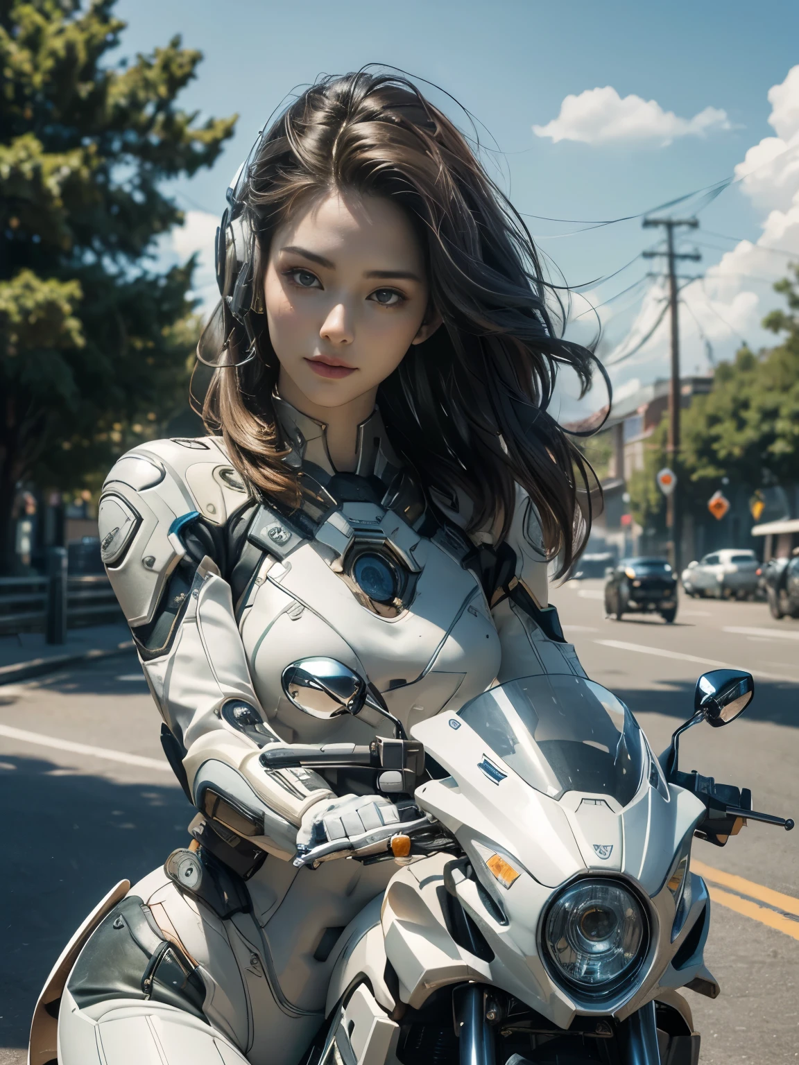 25 year old colossus style woman,(((A woman with a mechanized body))), Slime, dynamic posium: 1.3), (realistic:1.5), (realistic:1.4), 8k, Super detailed beautiful girl, 1 girl, (a sunny day:1.5), intricate body details, (short: 1.3), (highest quality: 1.0), (Super high sharpness: 1.0), (detailed hair:1.4),(Beautiful and delicate depiction of eyes),(ride a motorcycle:1.4),unreal engine:1.4,photorealistic:1.4, skin texture:1.4, masterpiece:1.8,highest quality at best,(Wearing the communication headset、future city、white body