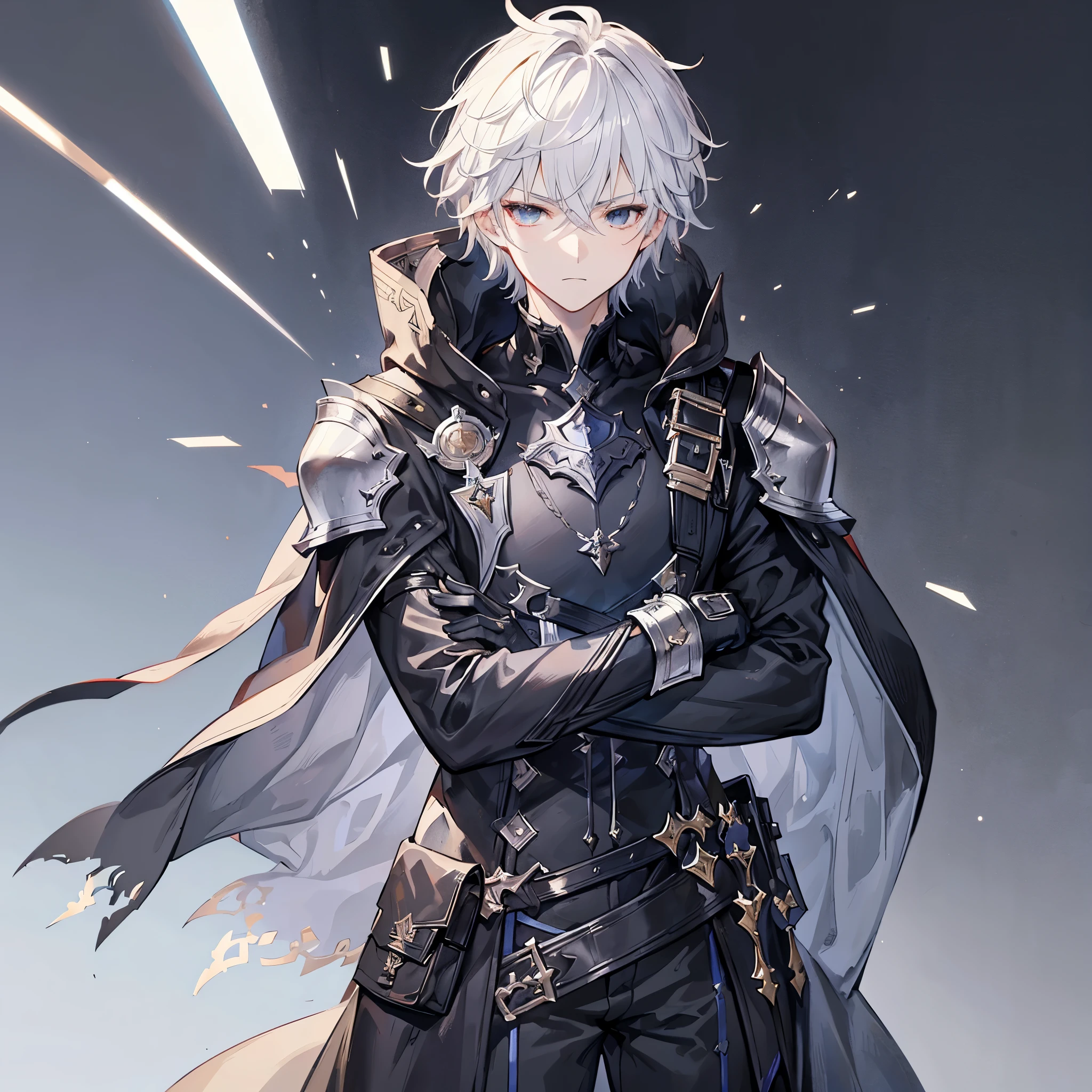 Handsome male, 17 years old, teenager, short white hair, dark eyes, black eyes, lucilius from granblue fantasy, close up, calm expression, stoic, grey military clothes, black cape, black gloves, crossed arms, upper body, looking at viewer, cowboy shot, black hallway background