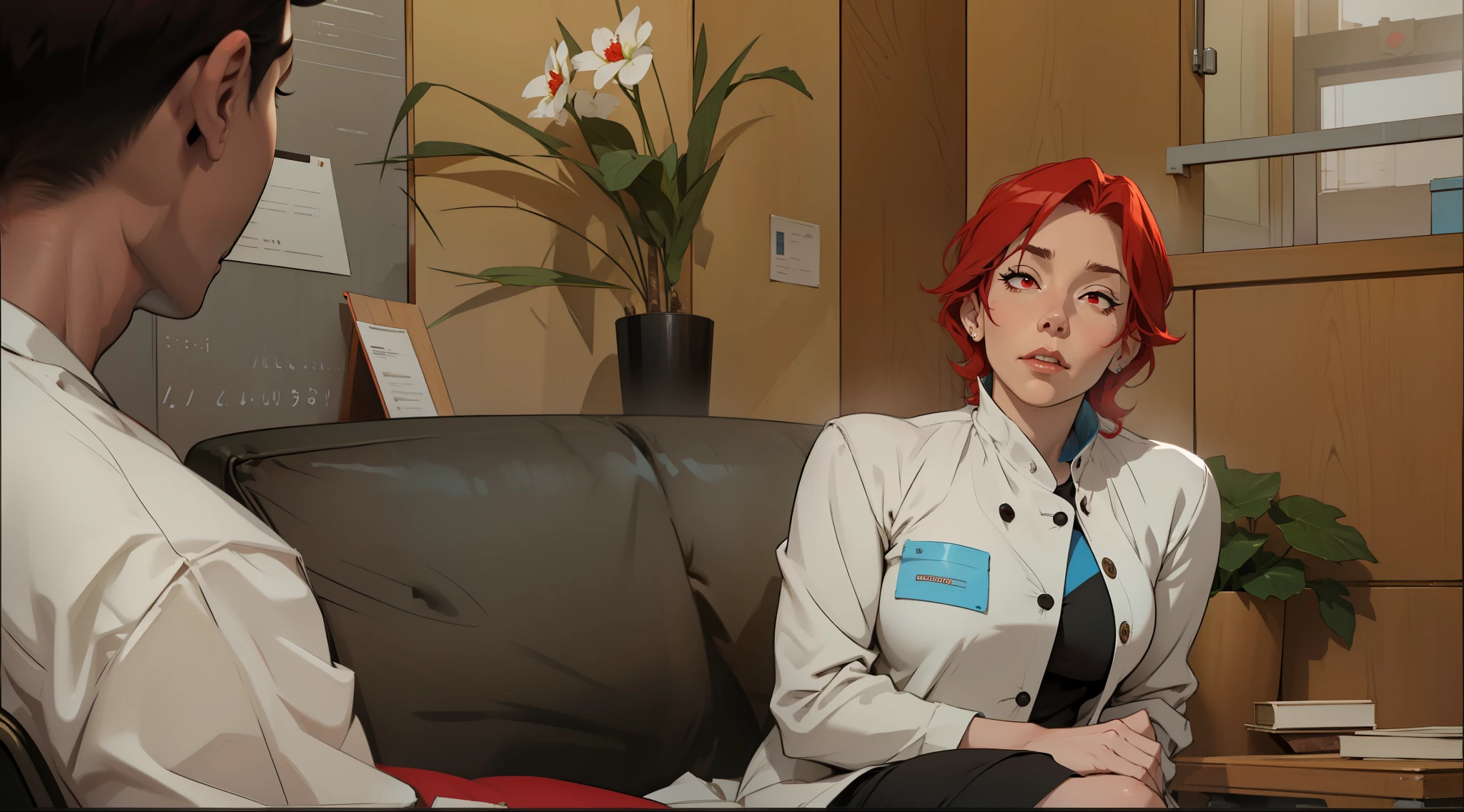 A 50-year-old woman is an evil school principal with intense red hair and red eyes. She is sitting on a couch and talking to a high school student.