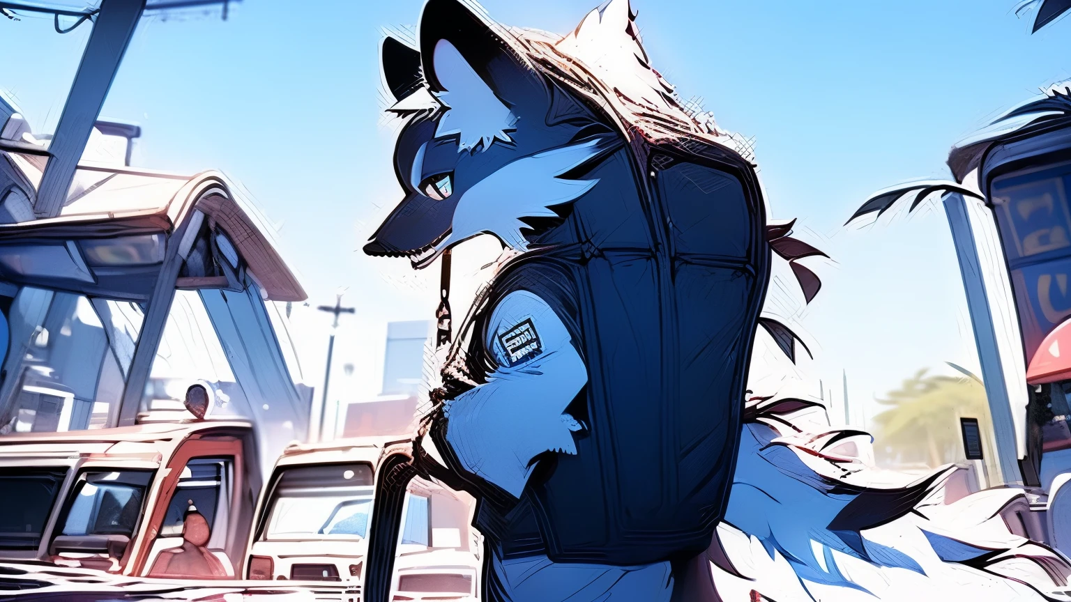 A male wolf orc,juvenile,,White clothes,Black sweatpants,Stand with your back against the table,white hair,furry。