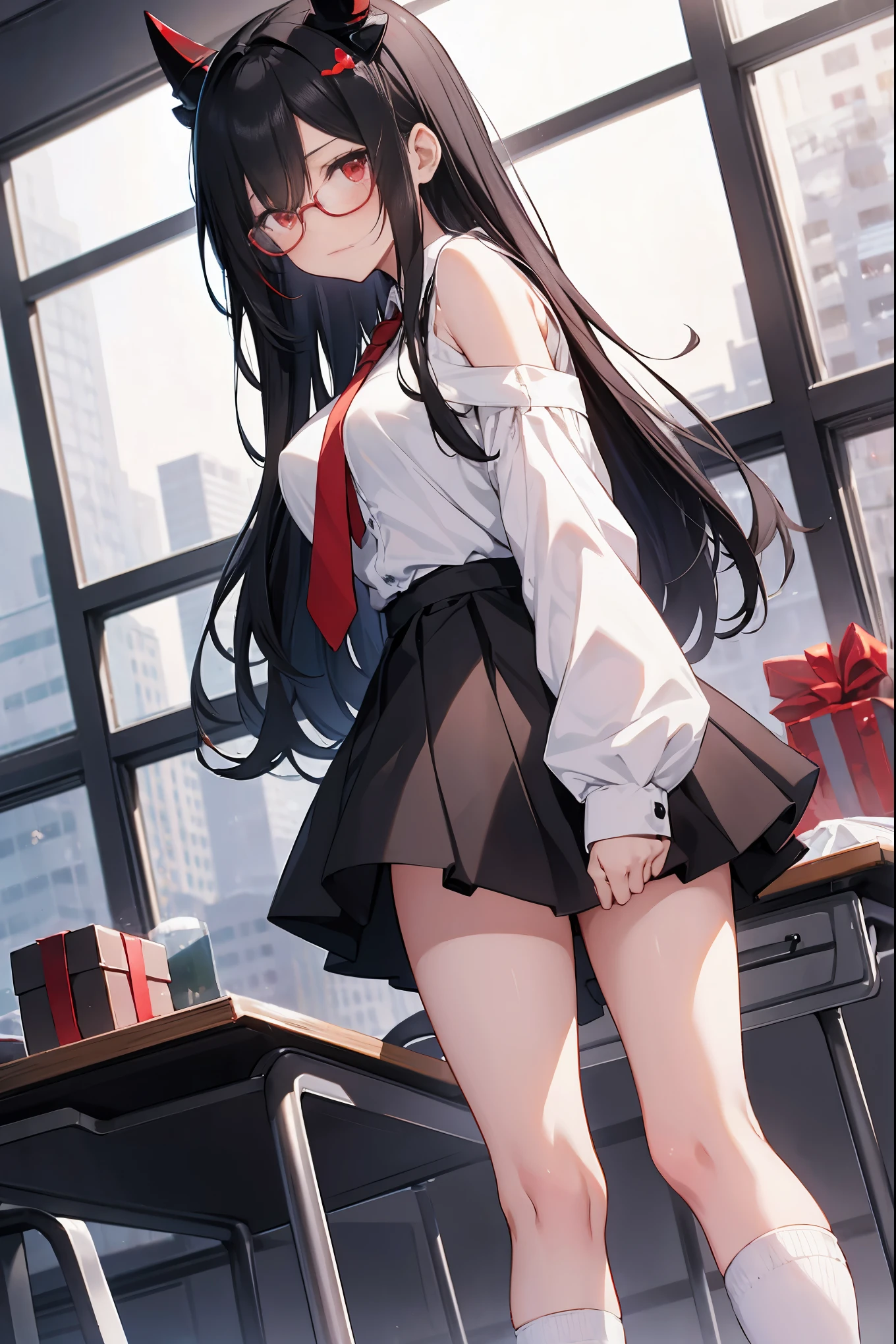 "anime girl, 1 person, black hair, shoulder length hair, red eyes, glasses, white horns, girl's shirt, tie, school clothes, big breasts, long stockings, high heels, standing cross-legged,  shy, blushing, small black wings on the back, looking from many directions, holding a heart-shaped gift box, giving a valentine's gift, classroom (full HD 4K+ image)"