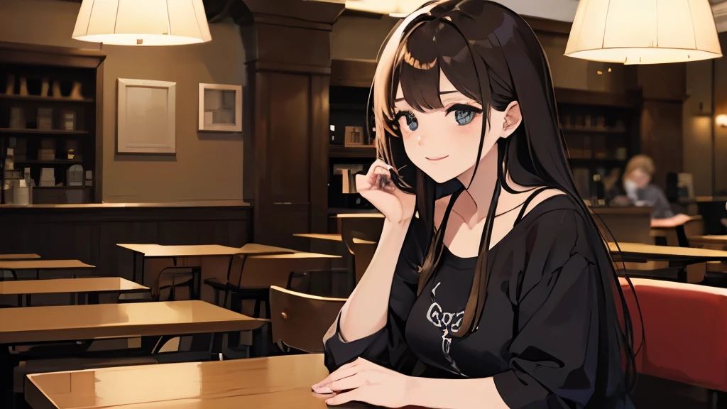 １people&#39;s women、long hair、hair dyed brown、２５old woman、Very beautiful、Elegant、sitting in a cafe、very smiling