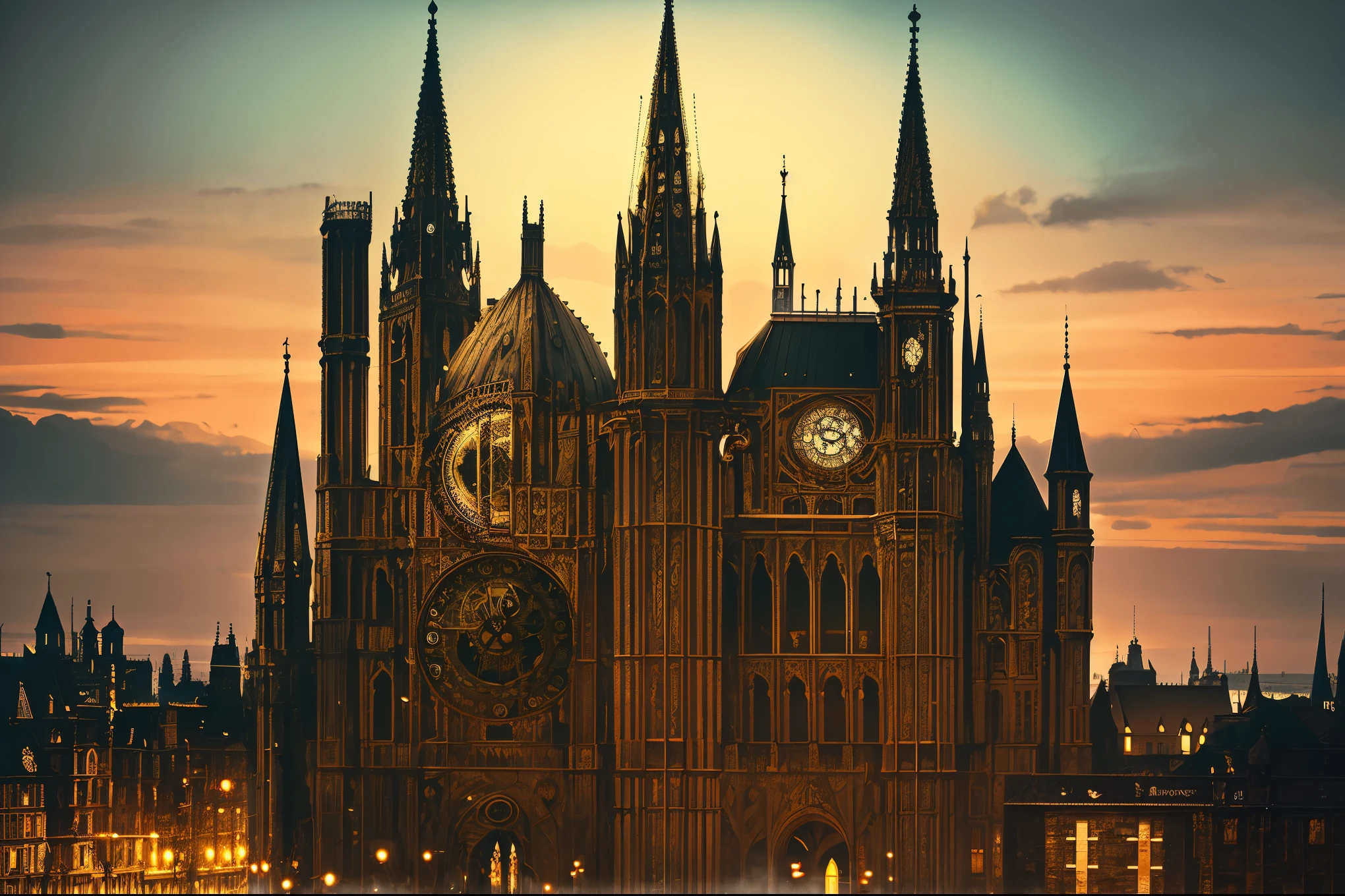 there is a picture of a clock tower in a city, art nouveau octane render, ethereal starlit city at sunset, baroque painting. star lit sky, victorian steampunk city vista, mystical baroque, beeple and alphonse mucha, symmetrical fantasy landscape, intricate ornate anime cgi style, golden steampunk city atmosphere, outdoors european cityscape, victorian city, surreal cityscape background, fractal art border