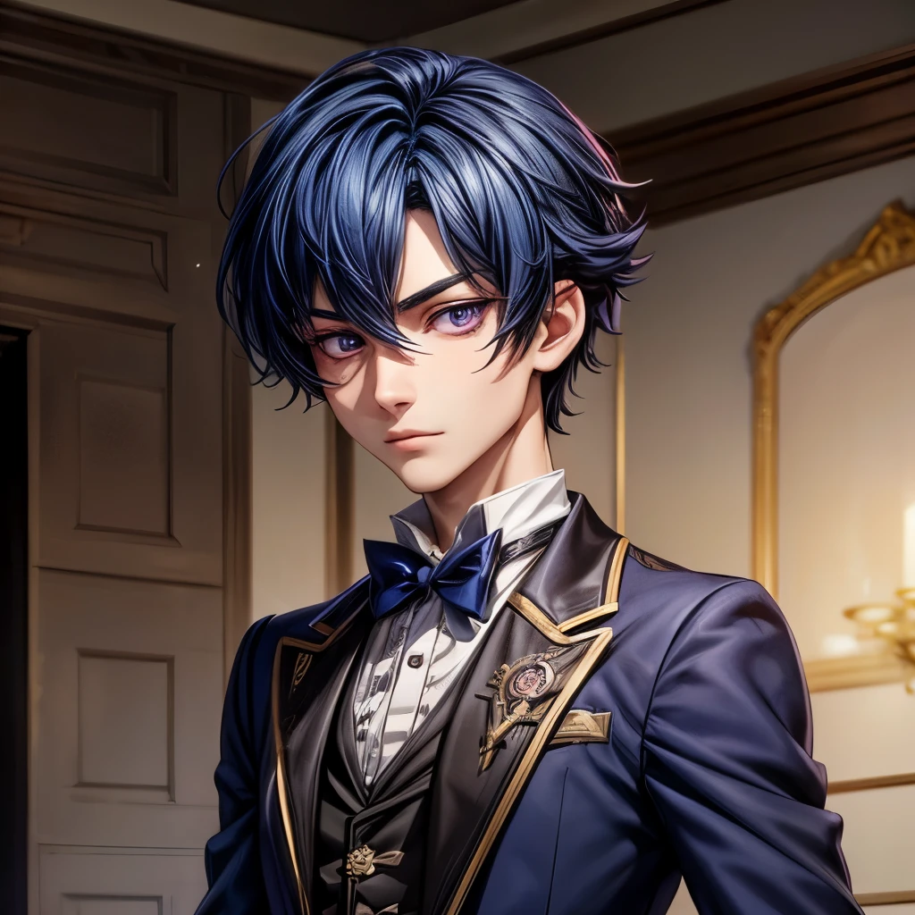 a nobleman 20 y.o, has gloom personality with deep blue hair and purple eyes, in academy magic uniform