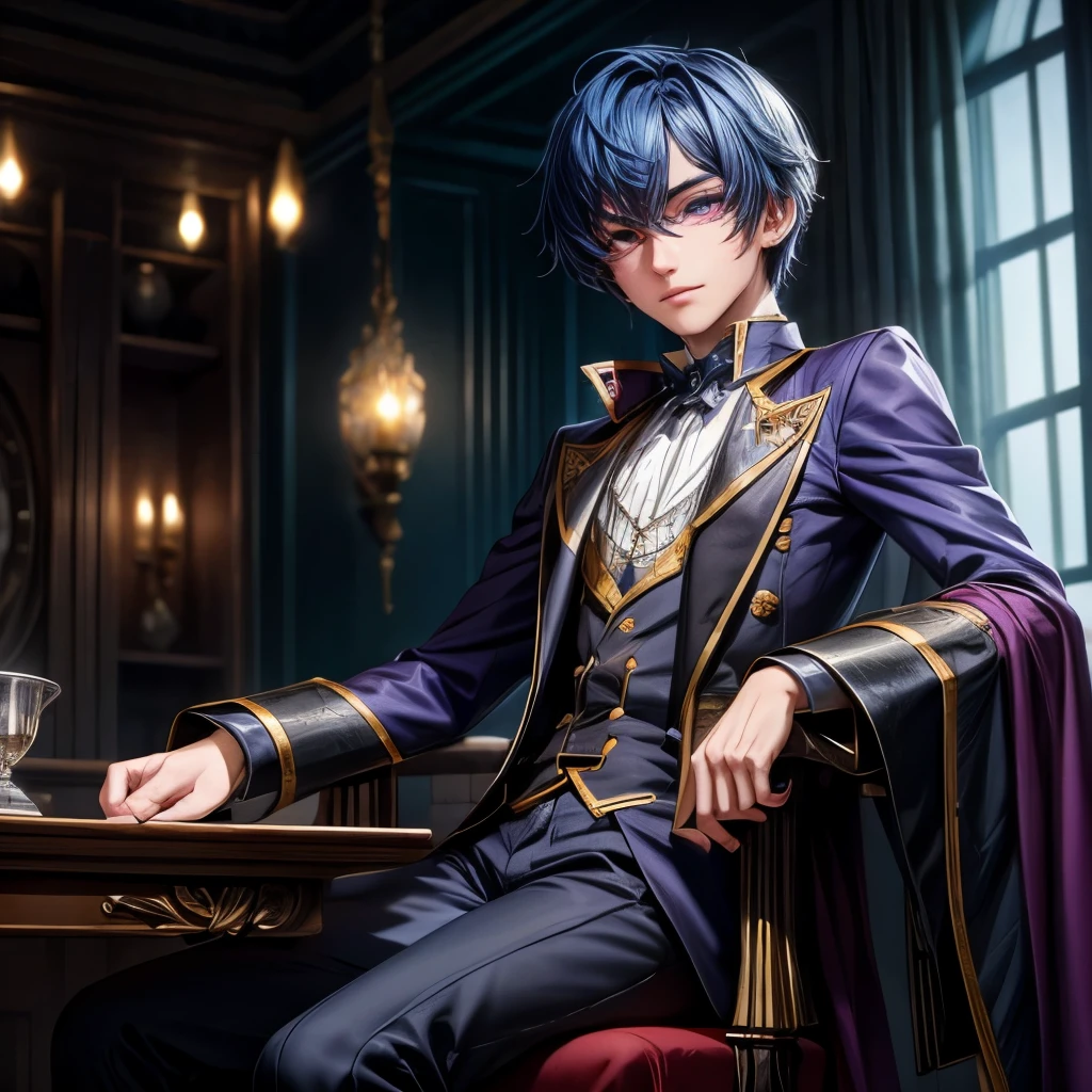 a nobleman 20 y.o, has gloom personality with deep blue hair and purple eyes, in academy magic uniform
