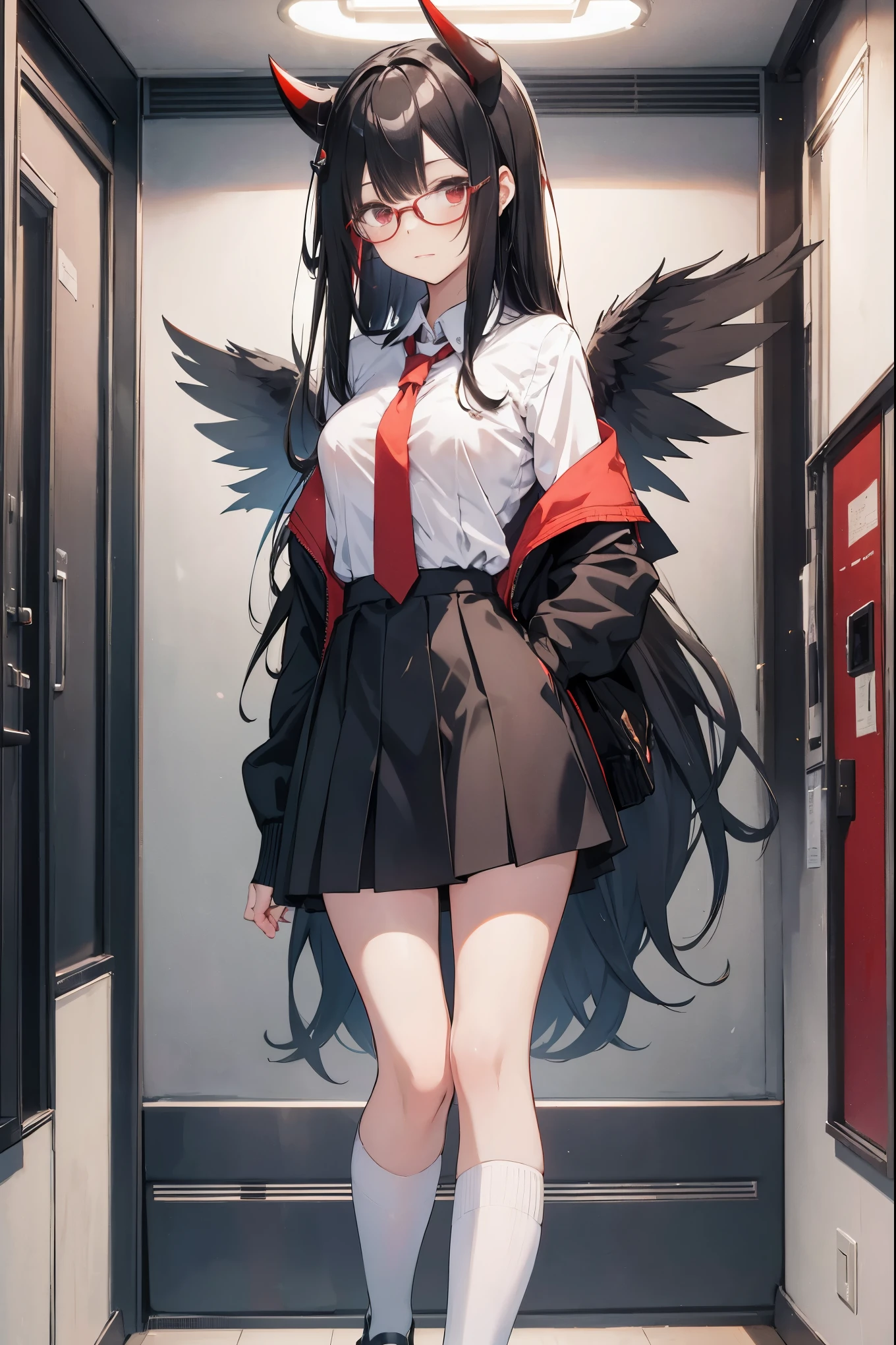 "anime girl, 1 person, black hair, shoulder length hair, red eyes, glasses, white horns, girl's shirt, tie, school clothes, big breasts, long stockings, high heels, standing cross-legged, shy, blushing, small black wings on the back, looking from many directions, holding a heart-shaped gift box, giving a valentine's gift, classroom (full HD 4K+ image)"