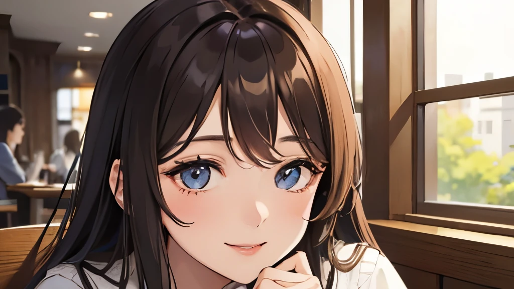 １people&#39;s women、long hair、hair dyed brown、２５old woman、Very beautiful、Elegant、sitting in a cafe、very smiling、close up of face、