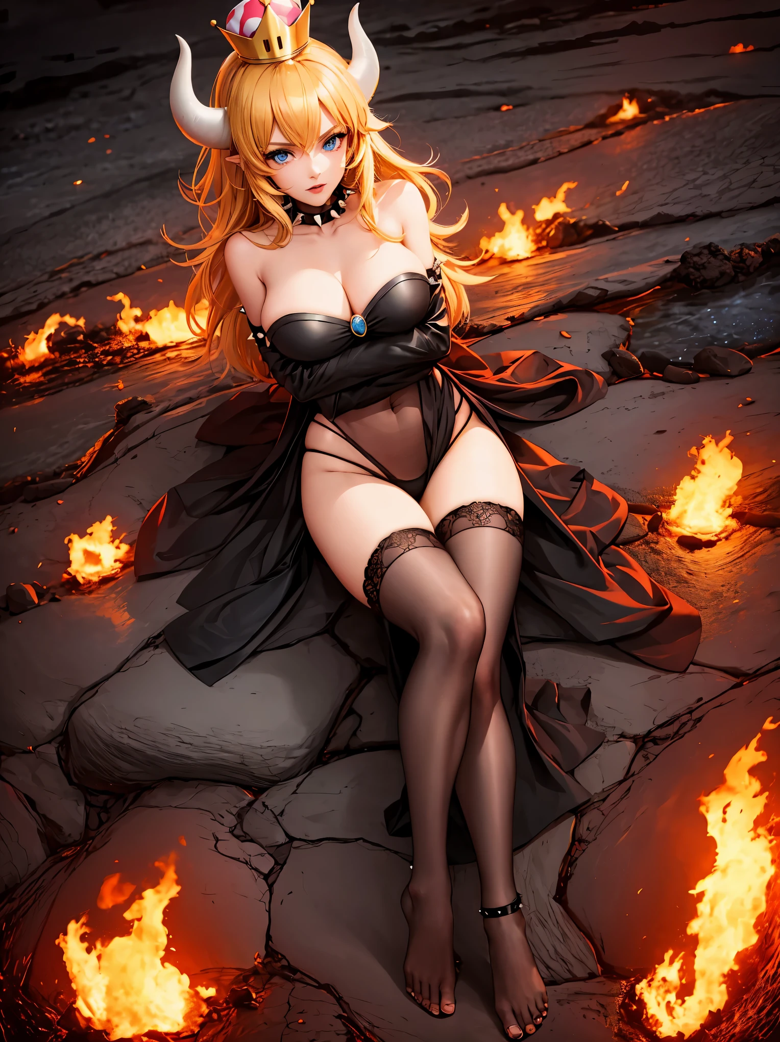 ((high detailed, best quality, 4k, masterpiece, hd:1.3)), ((best quality)), (((HD))), (((8k))), (ultraDH), (ultra HD), Princess Daisy, blue eyes, BREAK blue eyes, seductive, attractive, smooth anime cg art, 36C breasts, long legs, vivid colors, detailed digital art, slim body, perfect skin, dark blonde hair, long hair, blonde hair, blonde hair, BREAK crown, cleavage, 36C cleavage, looking at viewer, BREAK looking at viewer, extremely detailed face, red santa suit, red santa claus suit, santa claus suit, earrings, gem, dark black makeup lips, dark gothic eyeshadows, dark eyeshadows, black eyeshadows, black sexy lips, black lips, (dark:1.2), dark lips, very dark lips, (perfect hands, perfect anatomy), black makeup, black medium lips, black thick lips, detailed fingers, five fingers per hand, 5 fingers, (1 girl), detailed lips, detailed black lips, black painted lips, gothic painted lips, BREAK night, night sky, (breast focus), (arms outstreched:1.2), (from above:1.1), (breasts out:1.3), (off shoulder:1.1), (white horns), (lingerie), inside a lava castle, she inside a sea of lava, she bathing in lava, full body, perfect long legs, perfect foots, legs and foots into the lava,