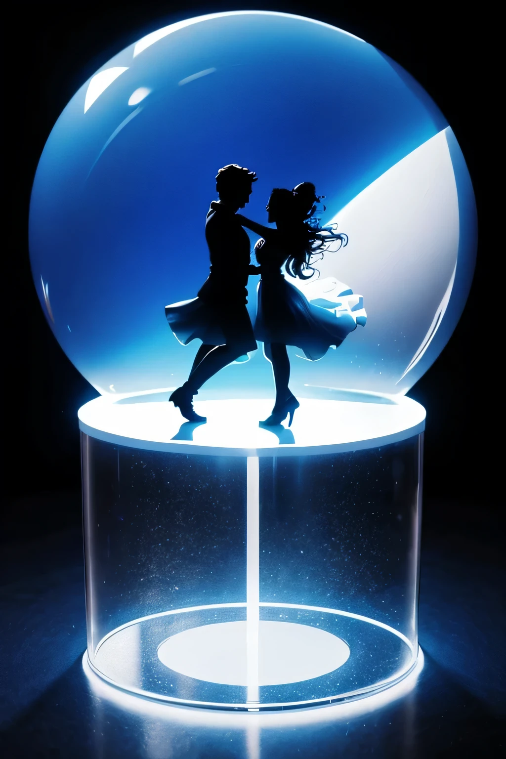 a logo image of a silhouette of a couple dancing inside a white globe on a blue
background, silhouette, realism, shadows, glass effect, glass shine, logo, logo ad image