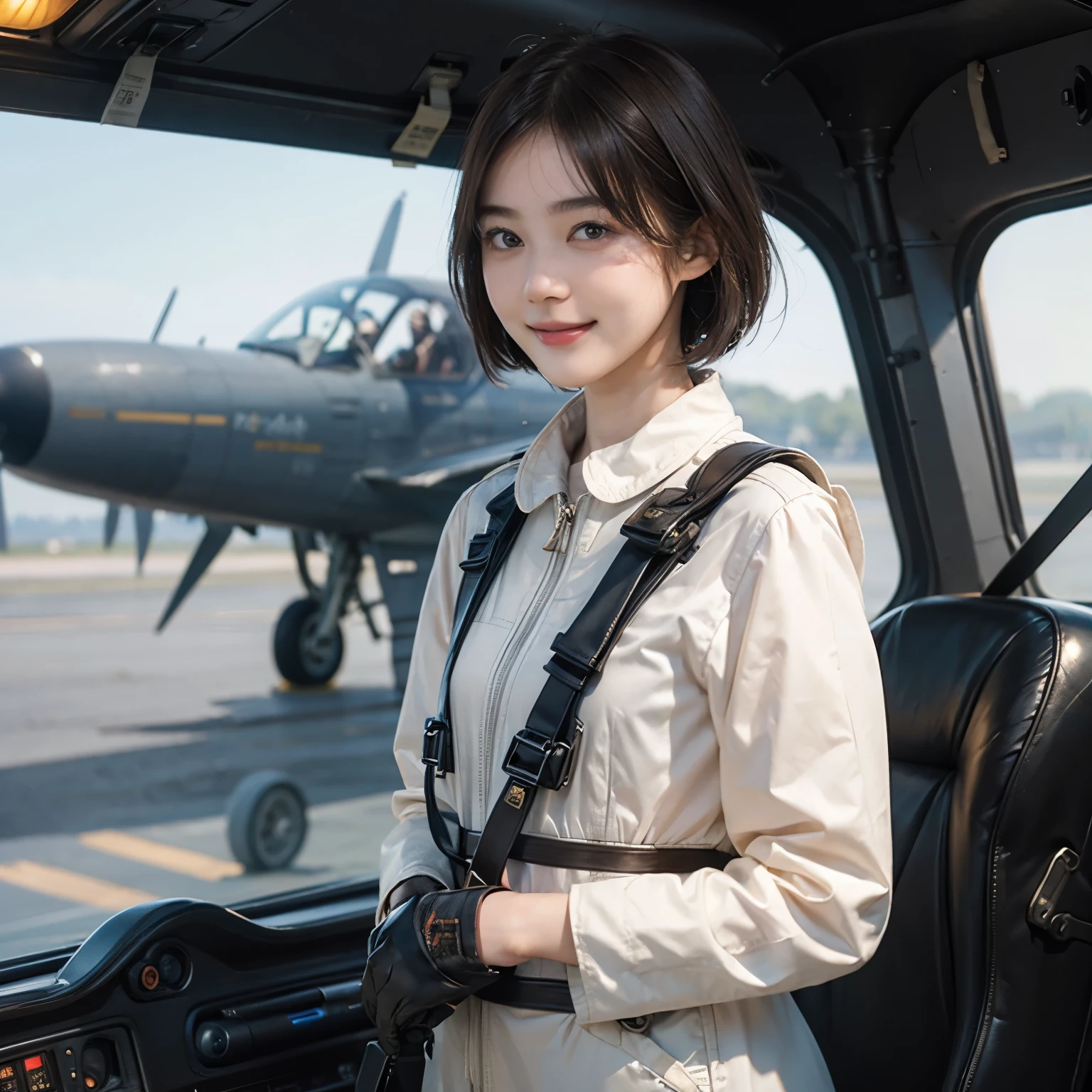 164
Shorthair,  (a 20 yo woman, standing), A hyper-realistic, gentle smile, sci-fi cool suit, (口紅),  in tha cockpit of an old fashioned fighter aircraft
