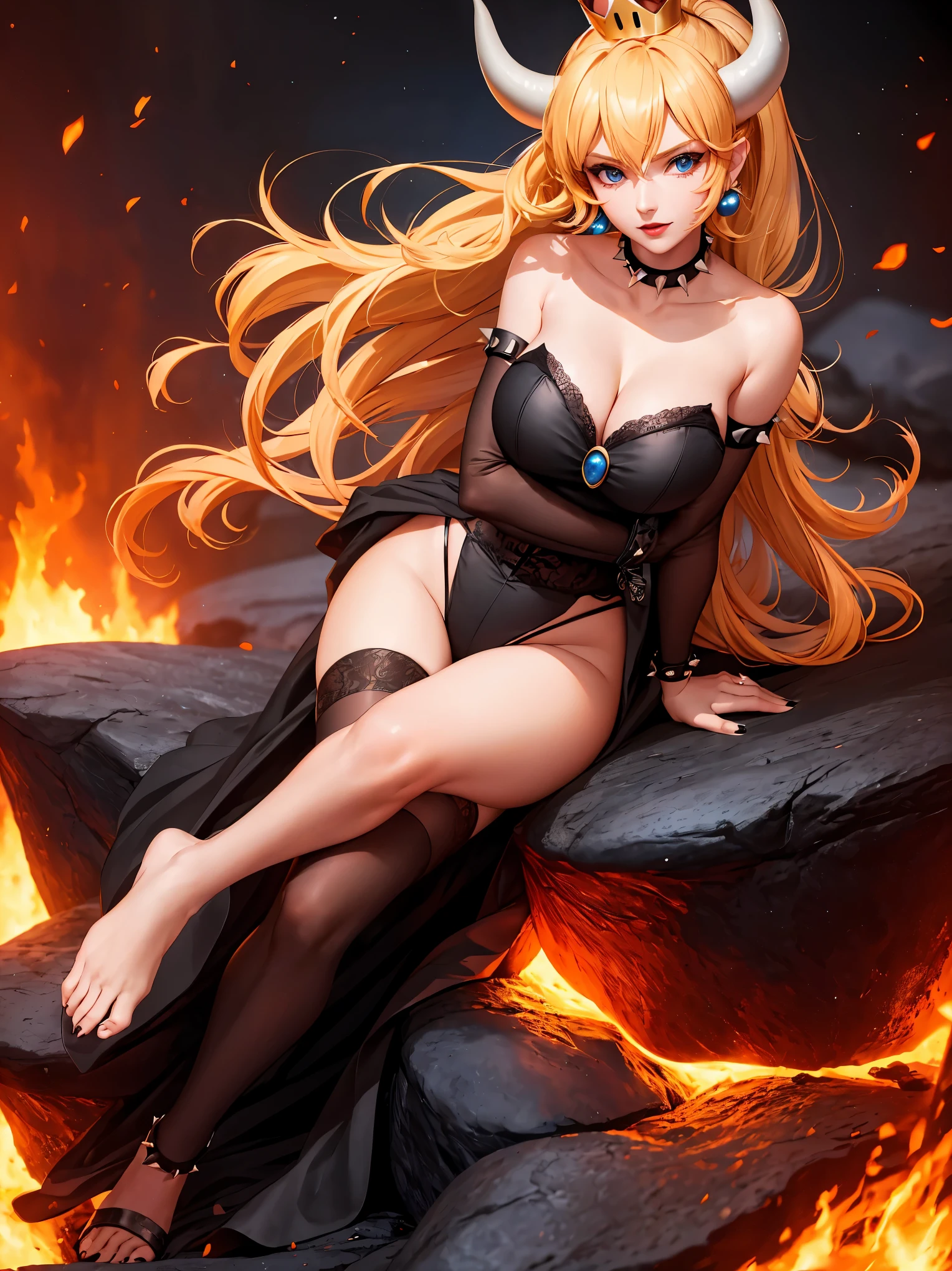 ((high detailed, best quality, 4k, masterpiece, hd:1.3)), ((best quality)), (((HD))), (((8k))), (ultraDH), (ultra HD), Princess Daisy, blue eyes, BREAK blue eyes, seductive, attractive, smooth anime cg art, 36C breasts, long legs, vivid colors, detailed digital art, slim body, perfect skin, dark blonde hair, long hair, blonde hair, blonde hair, BREAK crown, cleavage, 36C cleavage, looking at viewer, BREAK looking at viewer, extremely detailed face, red santa suit, red santa claus suit, santa claus suit, earrings, gem, dark black makeup lips, dark gothic eyeshadows, dark eyeshadows, black eyeshadows, black sexy lips, black lips, (dark:1.2), dark lips, very dark lips, (perfect hands, perfect anatomy), black makeup, black medium lips, black thick lips, detailed fingers, five fingers per hand, 5 fingers, (1 girl), detailed lips, detailed black lips, black painted lips, gothic painted lips, BREAK night, night sky, (breast focus), (arms outstreched:1.2), (from above:1.1), (breasts out:1.3), (off shoulder:1.1), (white horns), (lingerie), inside a lava castle, she inside a sea of lava, she bathing in lava, full body, perfect long legs, perfect foots, legs and foots into the lava,