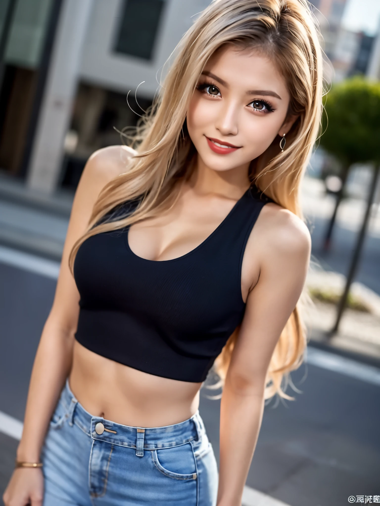 (Raw photo,realisitic, Photorealsitic: 1.4, masterpiece, best quality), 8K, 1 Beautiful Japanese Women, solo, 20years old, Charming Smile, Pretty Medium breasts, Beautiful detailed round eyes, Drooping Eyes1.4, Long blonde hair, wavy hair, (Highly Detailed Face and Skin Texture), dark skin, ndge, tanktop, denim short pants, street, day, sunny day, close up, (looking at viewer:1.4)