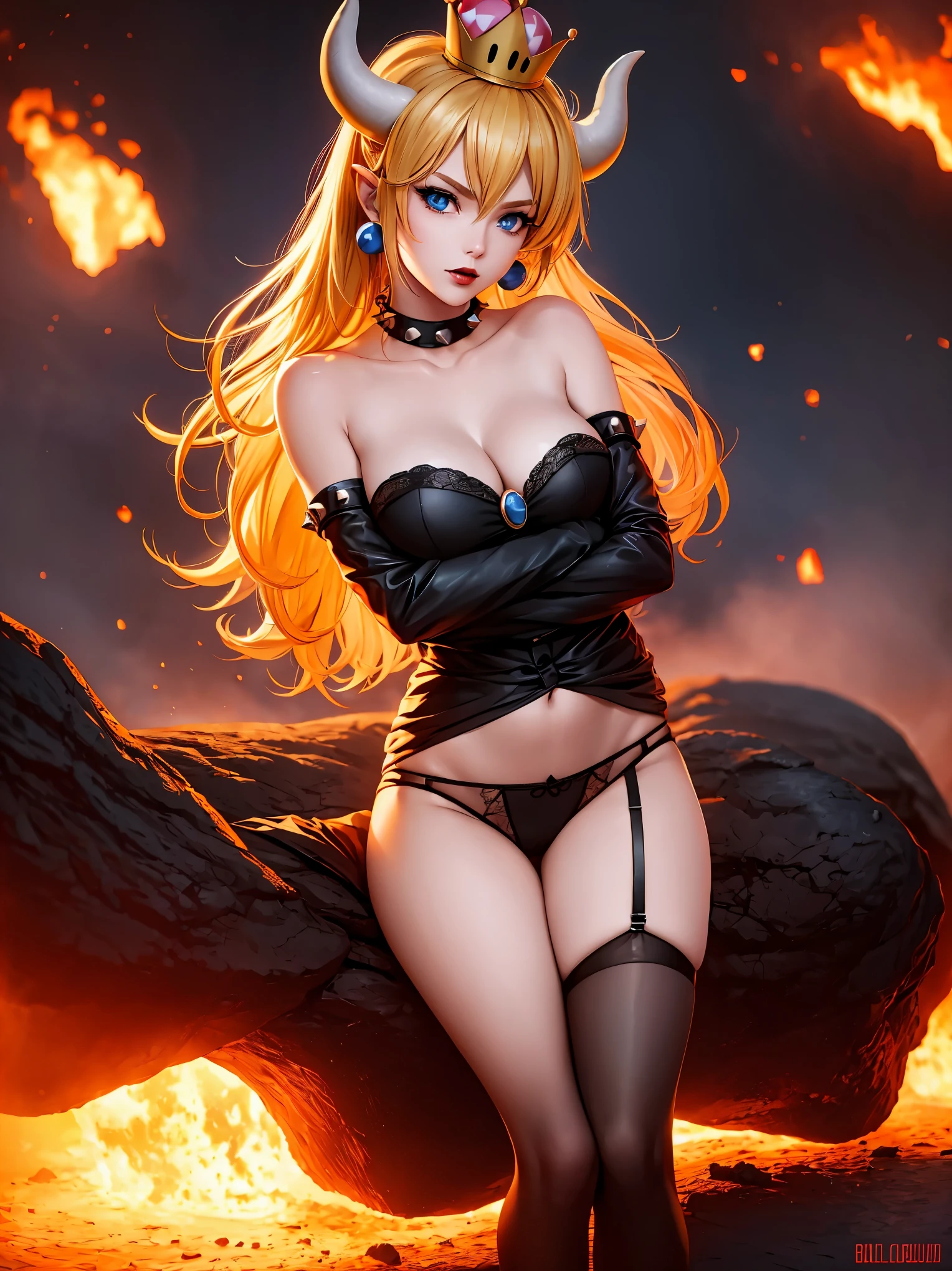 ((high detailed, best quality, 4k, masterpiece, hd:1.3)), ((best quality)), (((HD))), (((8k))), (ultraDH), (ultra HD), Princess Daisy, blue eyes, BREAK blue eyes, seductive, attractive, smooth anime cg art, 36C breasts, long legs, vivid colors, detailed digital art, slim body, perfect skin, dark blonde hair, long hair, blonde hair, blonde hair, BREAK crown, cleavage, 36C cleavage, looking at viewer, BREAK looking at viewer, extremely detailed face, red santa suit, red santa claus suit, santa claus suit, earrings, gem, dark black makeup lips, dark gothic eyeshadows, dark eyeshadows, black eyeshadows, black sexy lips, black lips, (dark:1.2), dark lips, very dark lips, (perfect hands, perfect anatomy), black makeup, black medium lips, black thick lips, detailed fingers, five fingers per hand, 5 fingers, (1 girl), detailed lips, detailed black lips, black painted lips, gothic painted lips, BREAK night, night sky, (breast focus), (arms outstreched:1.2), (from above:1.1), (breasts out:1.3), (off shoulder:1.1), (white horns), (lingerie), inside a lava castle, she inside a sea of lava, she bathing in lava, full body, perfect long legs, perfect foots, legs and foots into the lava,