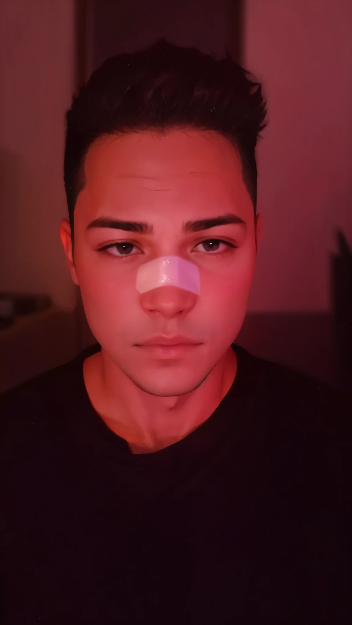 18 year old man with pink lighting on his face with a neutral expression and with animated features and carton