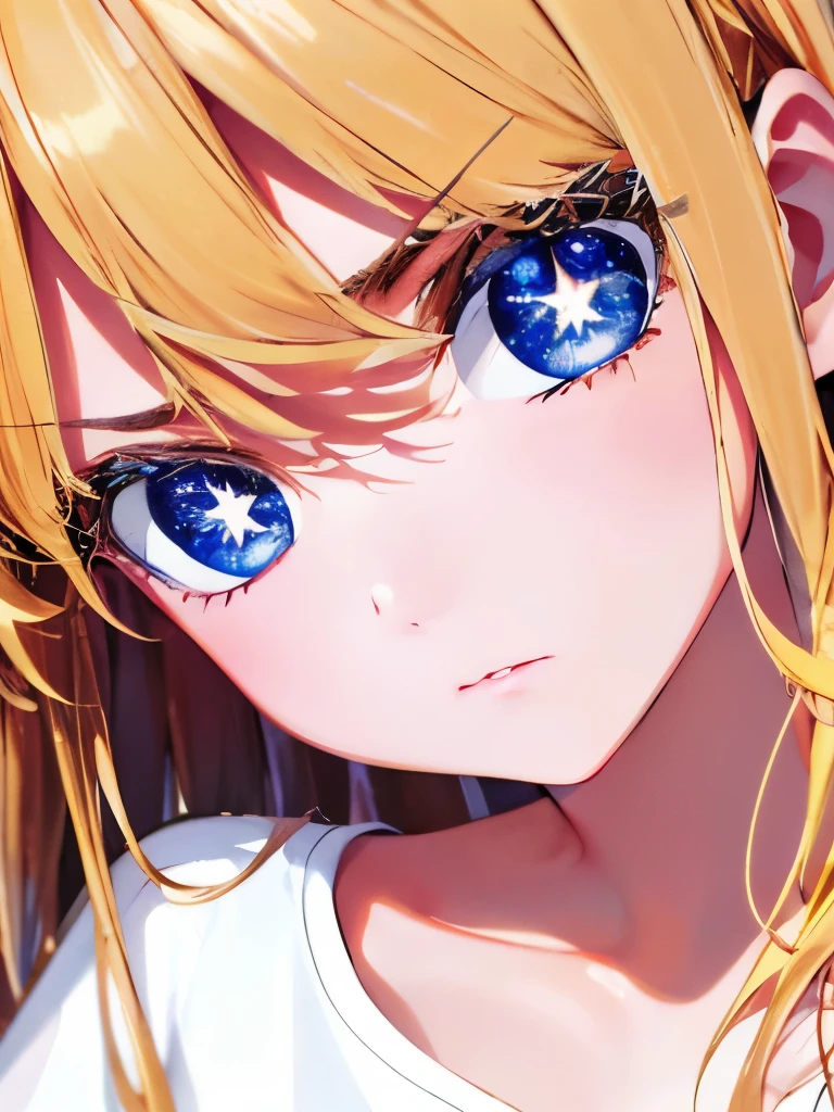 1woman,super beautiful,close up photo,Angry expression,Beautiful eyes, lenses of stars,very detailed face, HD face, perfect face,,at night,White t-shirt,blue mini skirt,Very big breasts,Blonde hair,long hair,wavy hair,bangs,blue eyes,ultra detail,ultra Hd, masterpiece,4k