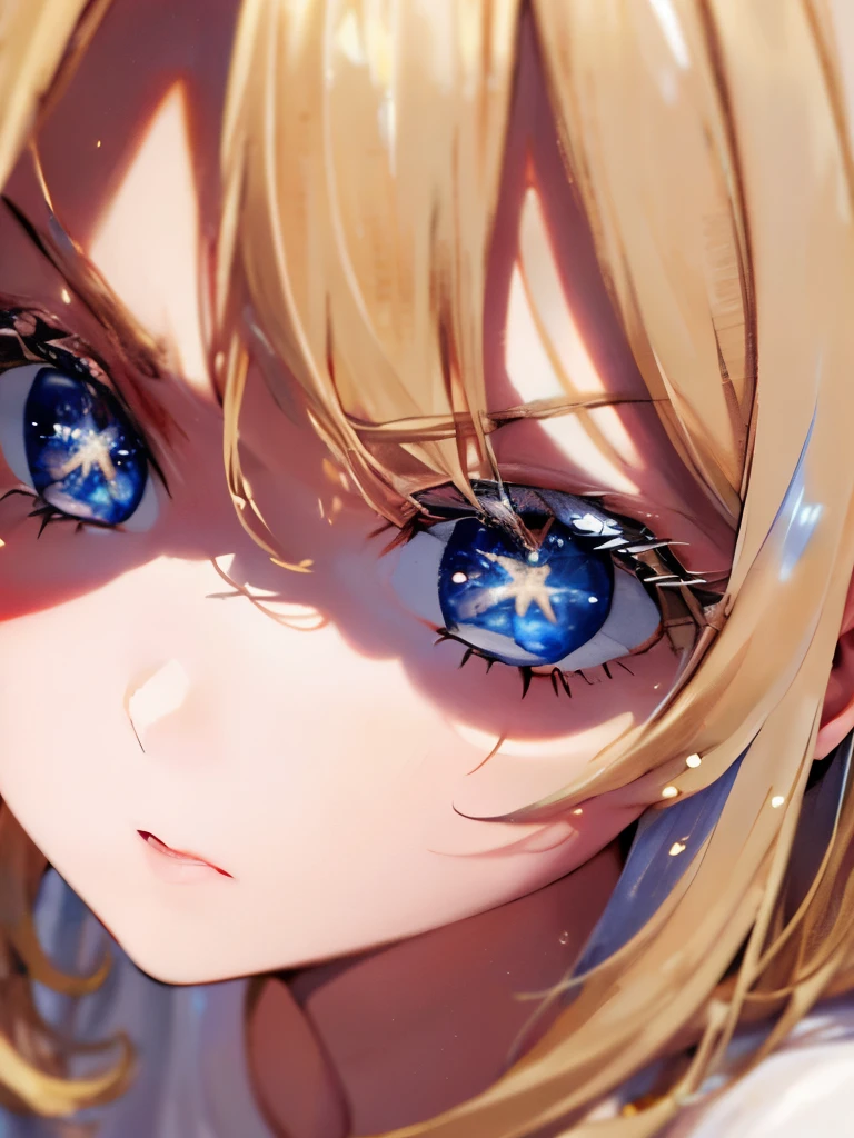 1woman,super beautiful,close up photo,Angry expression,Beautiful eyes, lenses of stars,very detailed face, HD face, perfect face,,at night,White t-shirt,blue mini skirt,Very big breasts,Blonde hair,long hair,wavy hair,bangs,blue eyes,ultra detail,ultra Hd, masterpiece,4k
