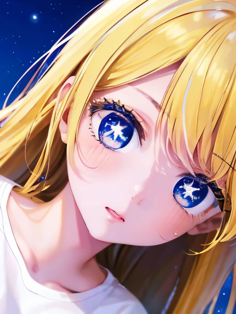 1woman,super beautiful,close up photo,Shocked expression,Beautiful eyes, lenses of stars,very detailed face, HD face, perfect face,,at night,White t-shirt,blue mini skirt,Very big breasts,Blonde hair,long hair,wavy hair,bangs,blue eyes,ultra detail,ultra Hd, masterpiece,4k