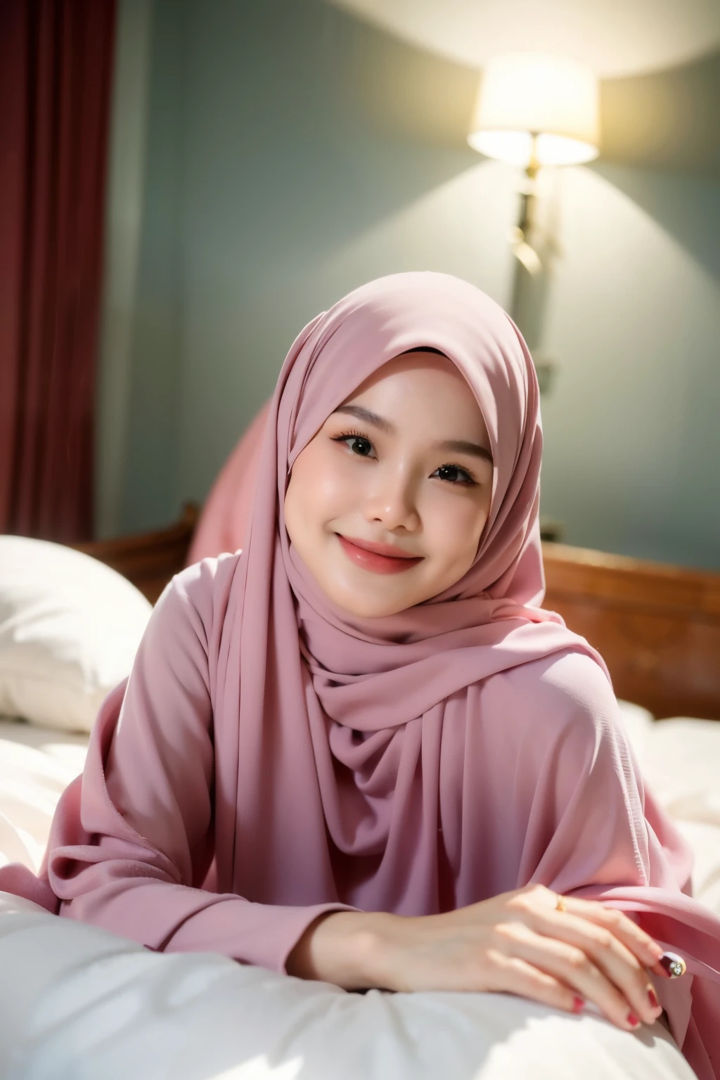 night scene, close up photo of a  malay girl with hijab, posing, look at a camera and smile, lying on bed, pink pastel hijab, (green eyes:0.8), cute young face, 18 yo, soft volumetric lights, (backlit:1.3), (cinematic:1.3), intricate details, (ArtStation:1.2)