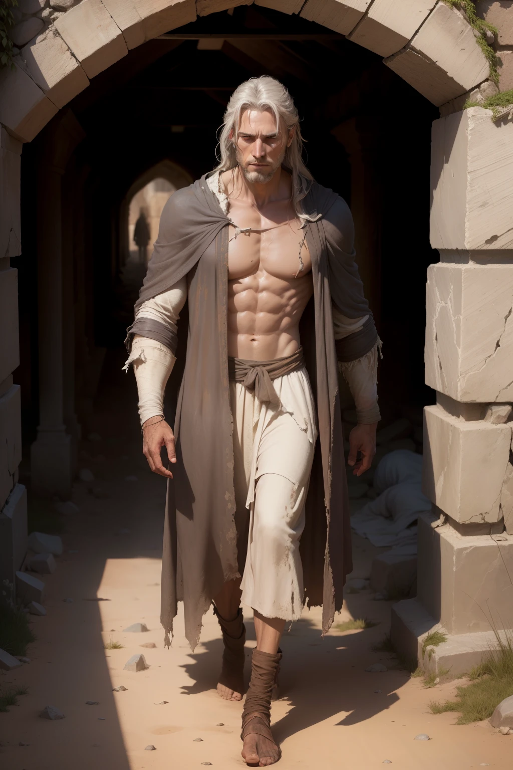 Lazarus, a man dressed in tattered robes, emerges slowly from the ancient tomb, his eyes gleaming with newfound life. The sun casts long shadows on the dusty ground as he takes his first steps out into the world, leaving the cold, dark confines of the tomb behind him.
With a heavy, labored breath, Lazarus looks around, taking in the unfamiliar sights and sounds of the land. The wind whispers softly in his ears, and the warm sunlight caresses his weathered face. Behind him, the tomb is silent, its entrance sealed once more, trapping the past within its crumbling walls.
As Lazarus continues to walk, he