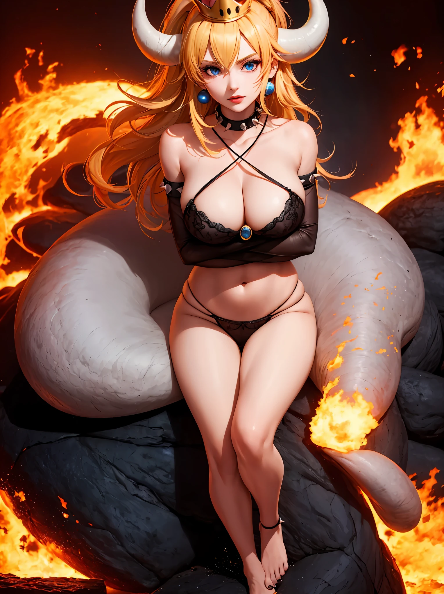 ((high detailed, best quality, 4k, masterpiece, hd:1.3)), ((best quality)), (((HD))), (((8k))), (ultraDH), (ultra HD), Princess Daisy, blue eyes, BREAK blue eyes, seductive, attractive, smooth anime cg art, 36C breasts, long legs, vivid colors, detailed digital art, slim body, perfect skin, dark blonde hair, long hair, blonde hair, blonde hair, BREAK crown, cleavage, 36C cleavage, looking at viewer, BREAK looking at viewer, extremely detailed face, red santa suit, red santa claus suit, santa claus suit, earrings, gem, dark black makeup lips, dark gothic eyeshadows, dark eyeshadows, black eyeshadows, black sexy lips, black lips, (dark:1.2), dark lips, very dark lips, (perfect hands, perfect anatomy), black makeup, black medium lips, black thick lips, detailed fingers, five fingers per hand, 5 fingers, (1 girl), detailed lips, detailed black lips, black painted lips, gothic painted lips, BREAK night, night sky, (breast focus), (arms outstreched:1.2), (from above:1.1), (breasts out:1.3), (off shoulder:1.1), (white horns), (lingerie), inside a lava castle, she inside a sea of lava, she bathing in lava, full body, perfect long legs, perfect foots, legs and foots into the lava,