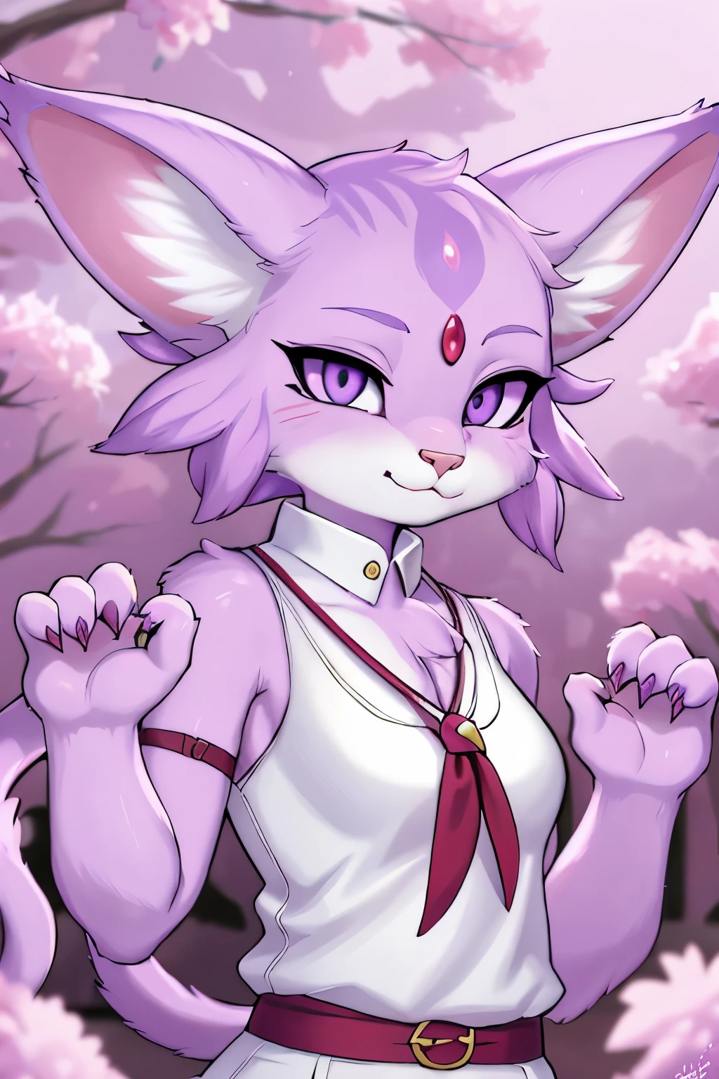 a drawing of a cat with 2 red crystal on forehead and a white cinese shirt,wearing golden necklace , very very beautiful furry art, portrait of espeon, anthro art, female furry mini cute style, fursona furry art commission, furry fantasy art, fursona art, furry art, fox nobushi, furry art!!!, kitsune,pink trees background,kizune cat hybrid, furry character portrait, ahri,pawpads,light pink fur,slim,shoulderless shirt,beautiful hands,4 fingers hands,better contours,by f-r95:1.3,hioshiru art style,cartoon hands,black short claws,vivid purple eyes,anthro espeon, anime purple hair 