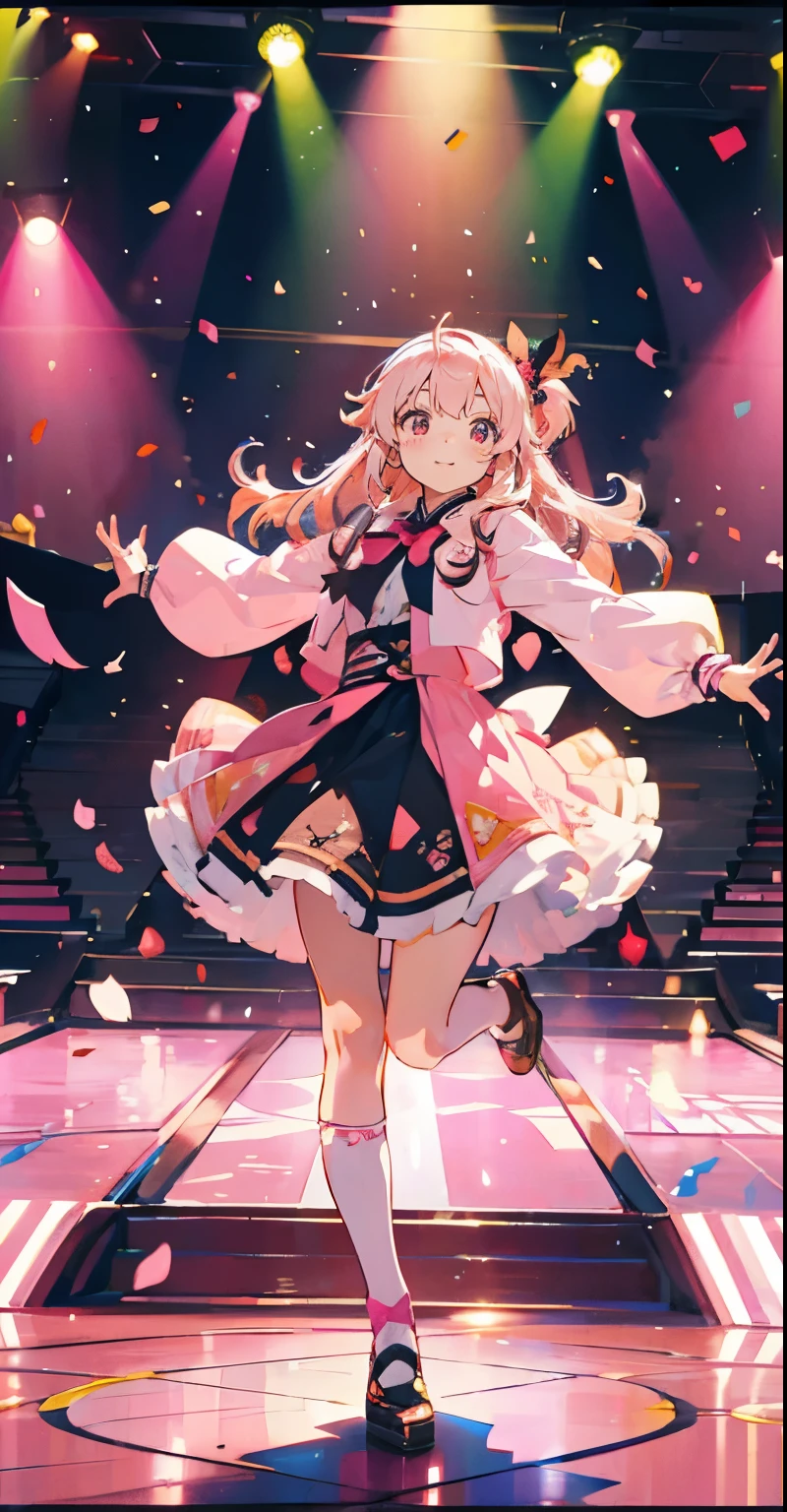(muste piece), (best quality), very detailed, ((1 girl)), solo full body shot,Viewer's perspective,Low - Angle,dynamic,jump,(A big smile),wink,perfect face, beautiful face, very detailedな顔,((Pink hair long hair_red eyes:1.3)),Gorgeous idol costumes,solo idol,ribbon hair ornament,concert dome,live,have a microphone,singing,smiling with mouth wide open,Laser Light,Spotlight,Lots of confetti