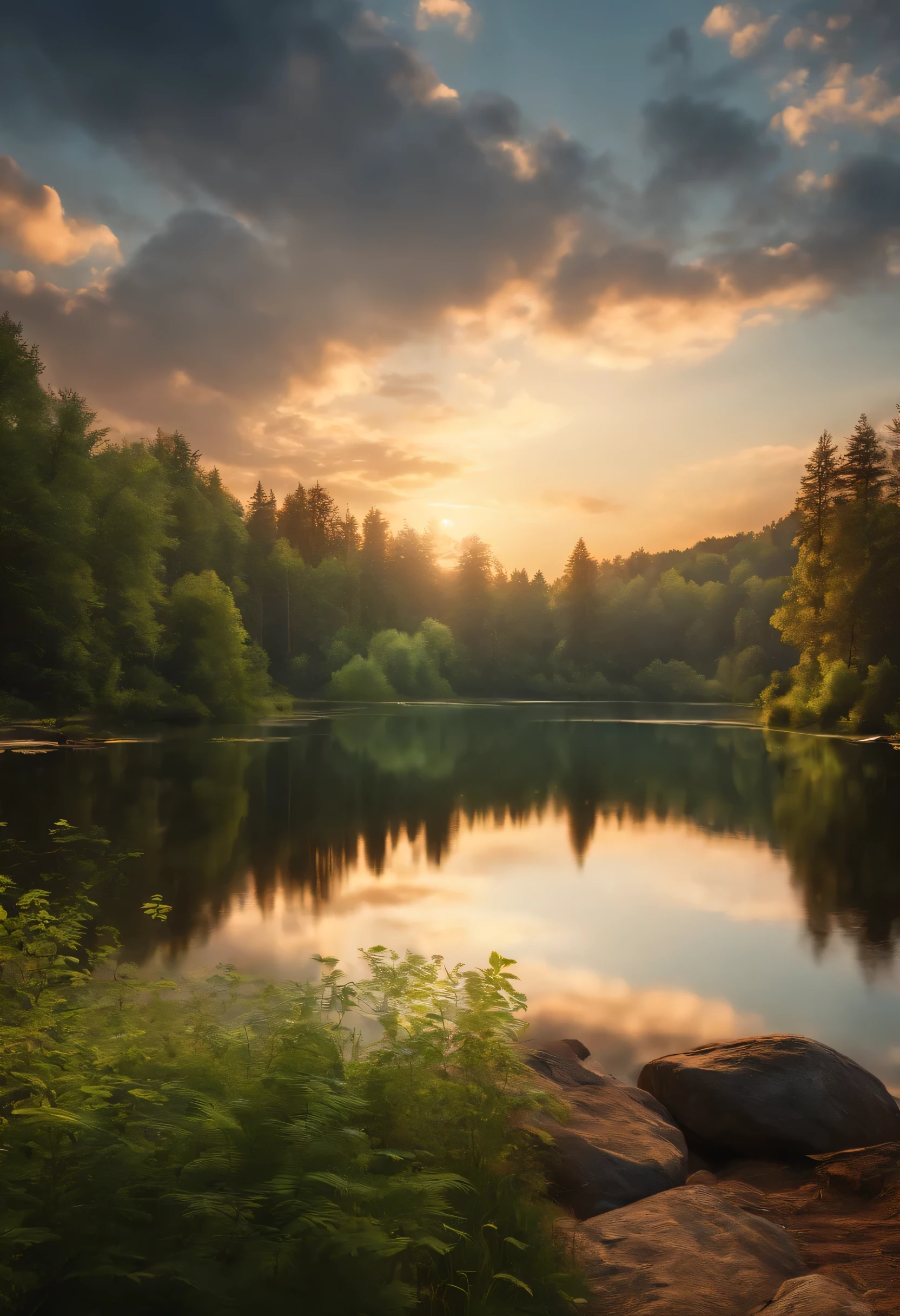 wallpaper, summer, lake, dawn, forest, detailed forest, clouds, masterpiece, cinematic, soft light, depth of field, ray tracing, reflection in water, realism, ulra detailed,