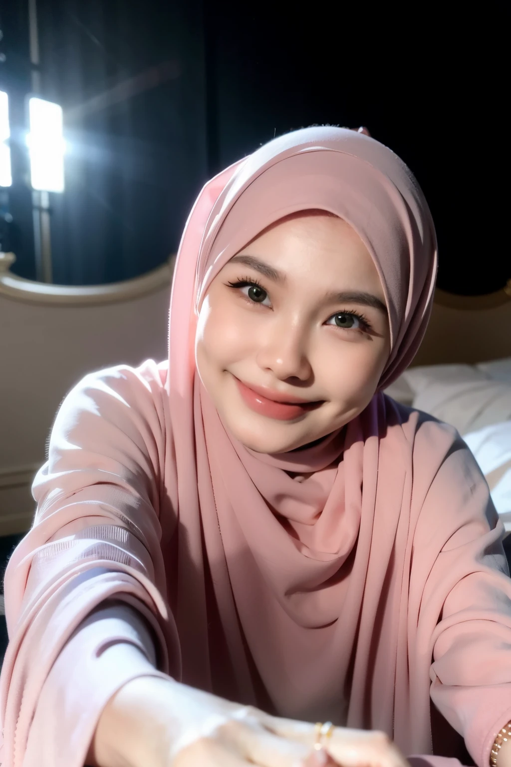 night scene, close up photo of a  malay girl with hijab, posing, look at a camera and smile, lying on bed, pink pastel hijab, (green eyes:0.8), cute young face, 18 yo, soft volumetric lights, (backlit:1.3), (cinematic:1.3), intricate details, (ArtStation:1.2)