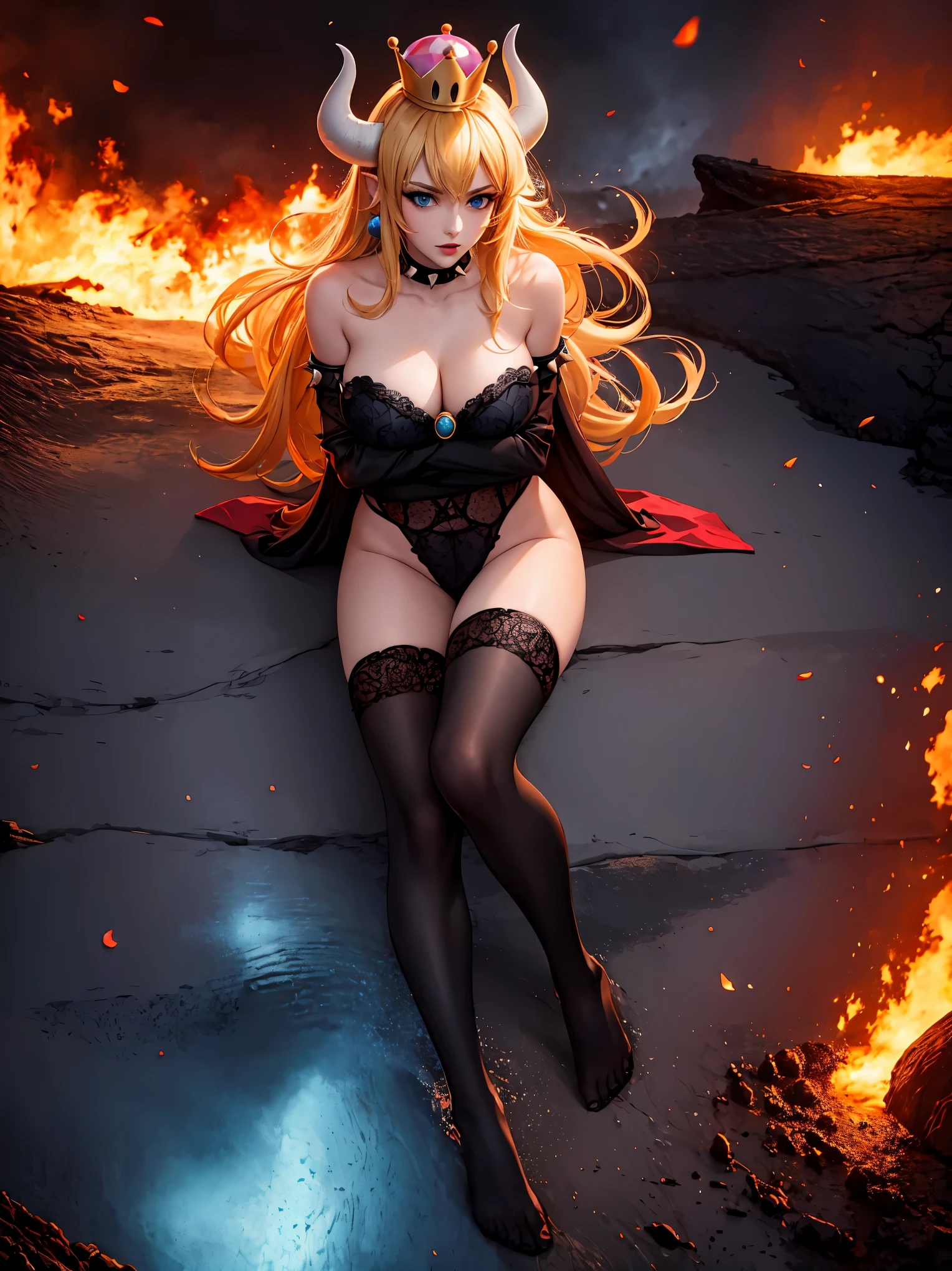 ((high detailed, best quality, 4k, masterpiece, hd:1.3)), ((best quality)), (((HD))), (((8k))), (ultraDH), (ultra HD), Princess Daisy, blue eyes, BREAK blue eyes, seductive, attractive, smooth anime cg art, 36C breasts, long legs, vivid colors, detailed digital art, slim body, perfect skin, dark blonde hair, long hair, blonde hair, blonde hair, BREAK crown, cleavage, 36C cleavage, looking at viewer, BREAK looking at viewer, extremely detailed face, red santa suit, red santa claus suit, santa claus suit, earrings, gem, dark black makeup lips, dark gothic eyeshadows, dark eyeshadows, black eyeshadows, black sexy lips, black lips, (dark:1.2), dark lips, very dark lips, (perfect hands, perfect anatomy), black makeup, black medium lips, black thick lips, detailed fingers, five fingers per hand, 5 fingers, (1 girl), detailed lips, detailed black lips, black painted lips, gothic painted lips, BREAK night, night sky, (breast focus), (arms outstreched:1.2), (from above:1.1), (breasts out:1.3), (off shoulder:1.1), (white horns), (lingerie), inside a lava castle, she inside a sea of lava, she bathing in lava, full body, perfect long legs, perfect foots, legs and foots into the lava,