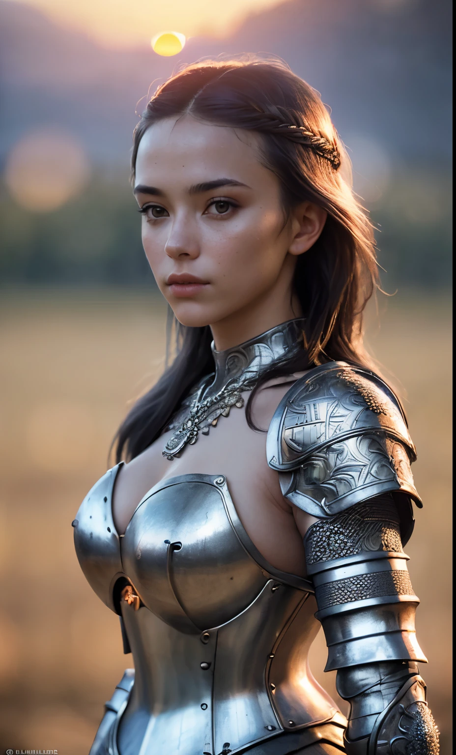 (masterpiece), (extremely intricate:1.3), (realistic), portrait of a girl, the most beautiful in the world, (medieval armor), metal reflections, upper body, outdoors, intense sunlight, far away castle, professional photograph of a stunning woman detailed, sharp focus, dramatic, award winning, cinematic lighting, octane render unreal engine, volumetrics dtx, (film grain, blurry background, blurry foreground, bokeh, depth of field, sunset, motion blur:1.3), chainmail